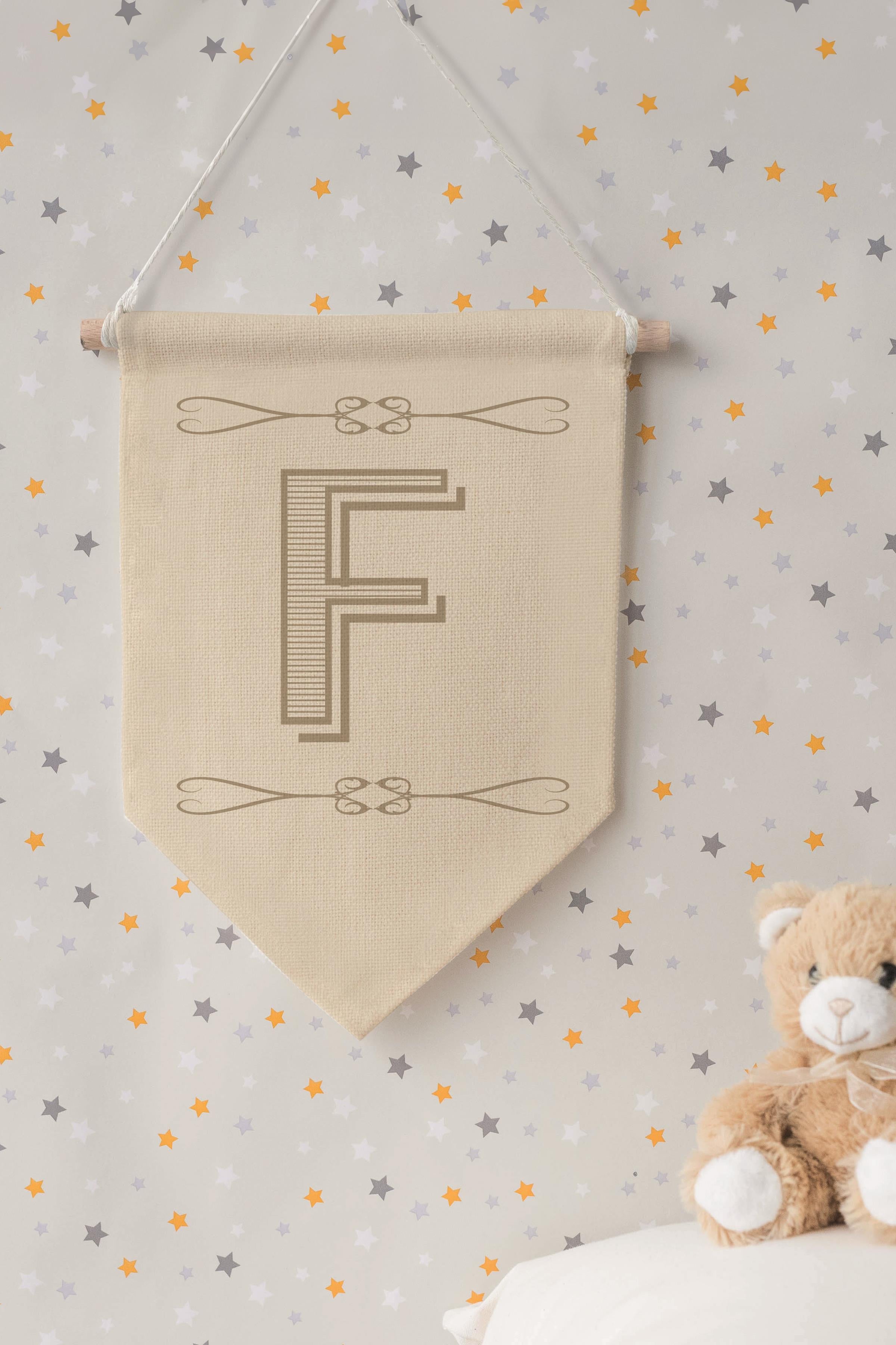 Çocuk Odası Dekor, Duvar Süsü, Ahşap Bebek Odası Dekor, Canvas Flama, Boho Monogram F Harfi