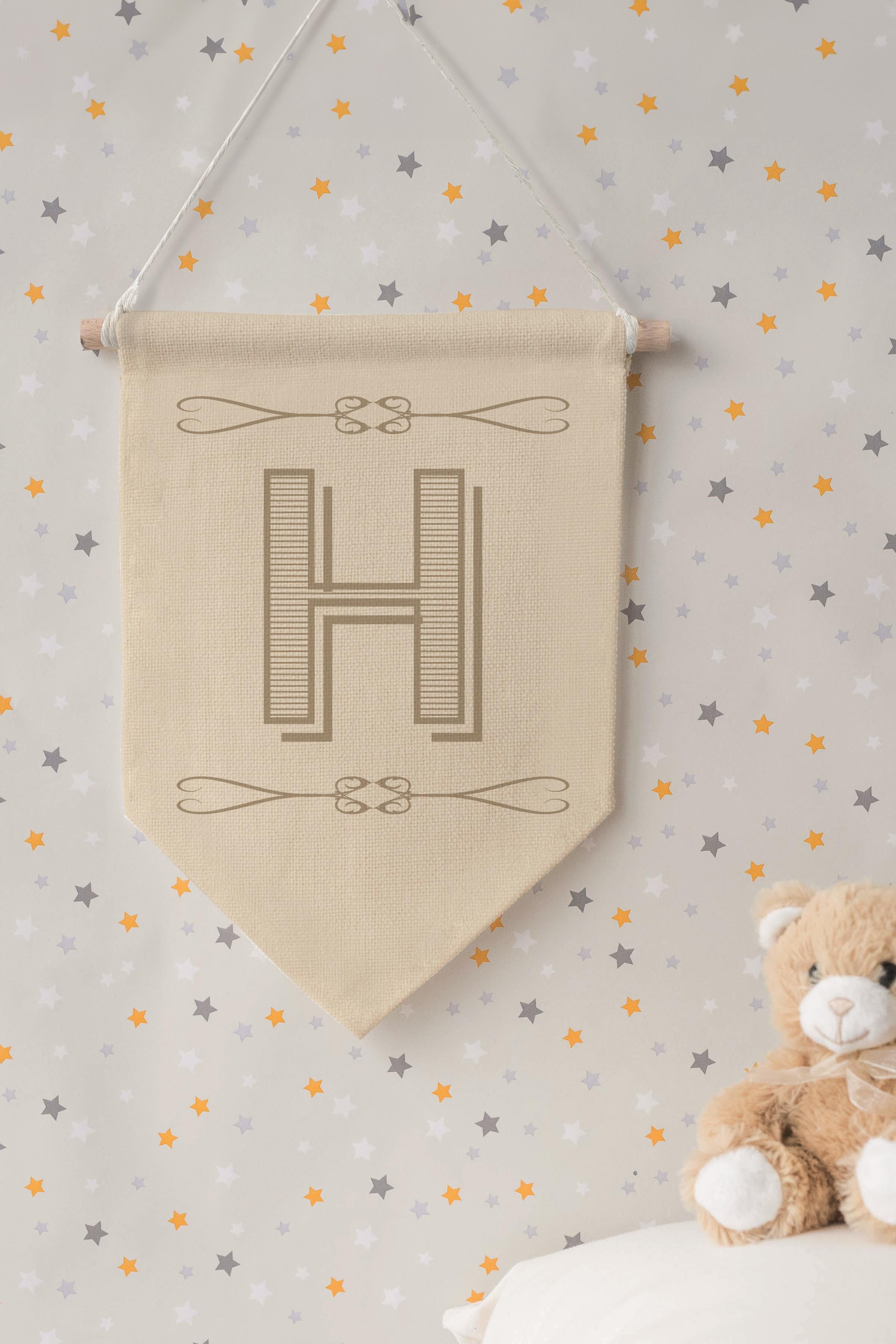 Çocuk Odası Dekor, Duvar Süsü, Ahşap Bebek Odası Dekor, Canvas Flama, Boho Monogram H Harfi