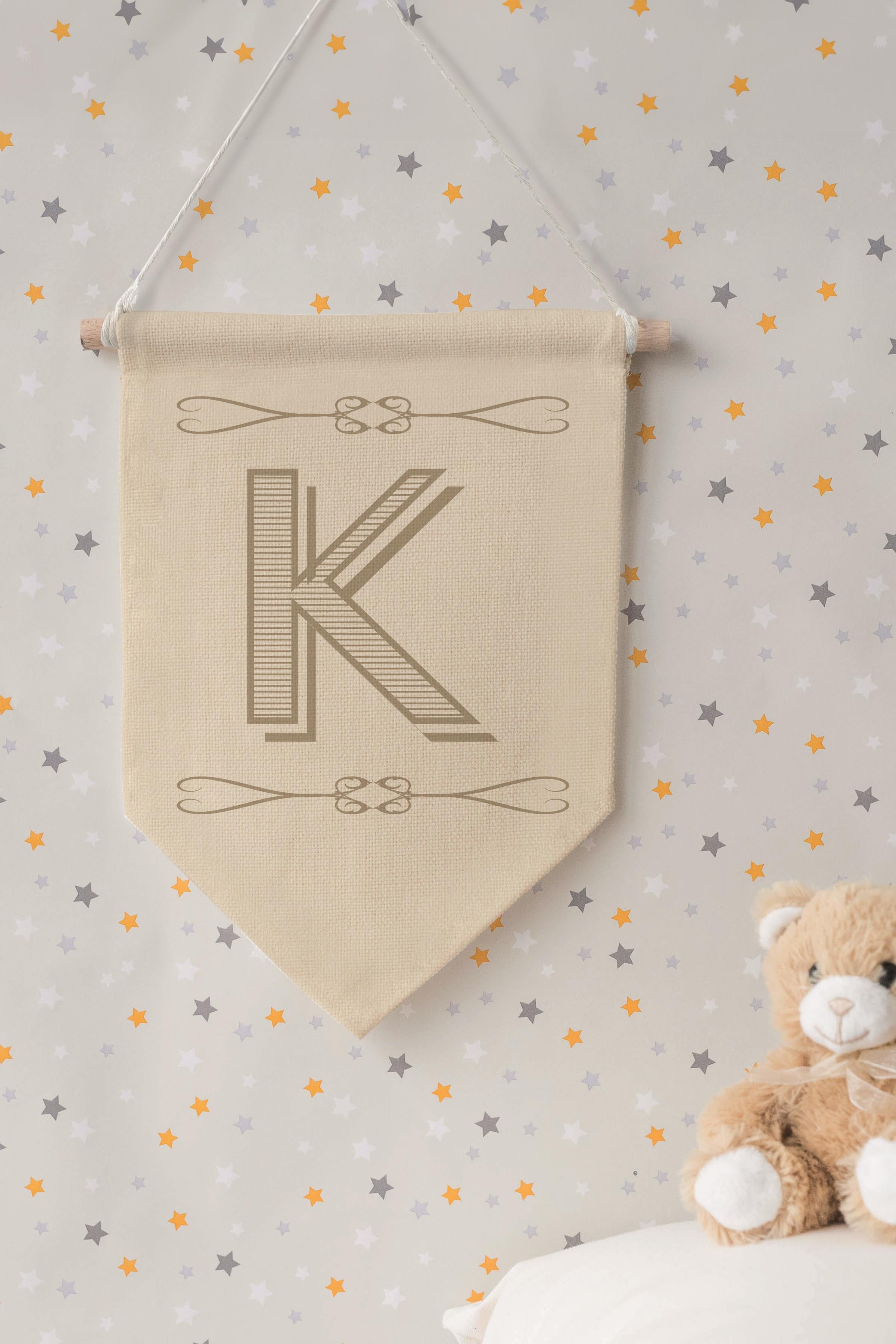 Çocuk Odası Dekor, Duvar Süsü, Ahşap Bebek Odası Dekor, Canvas Flama, Boho Monogram K Harfi