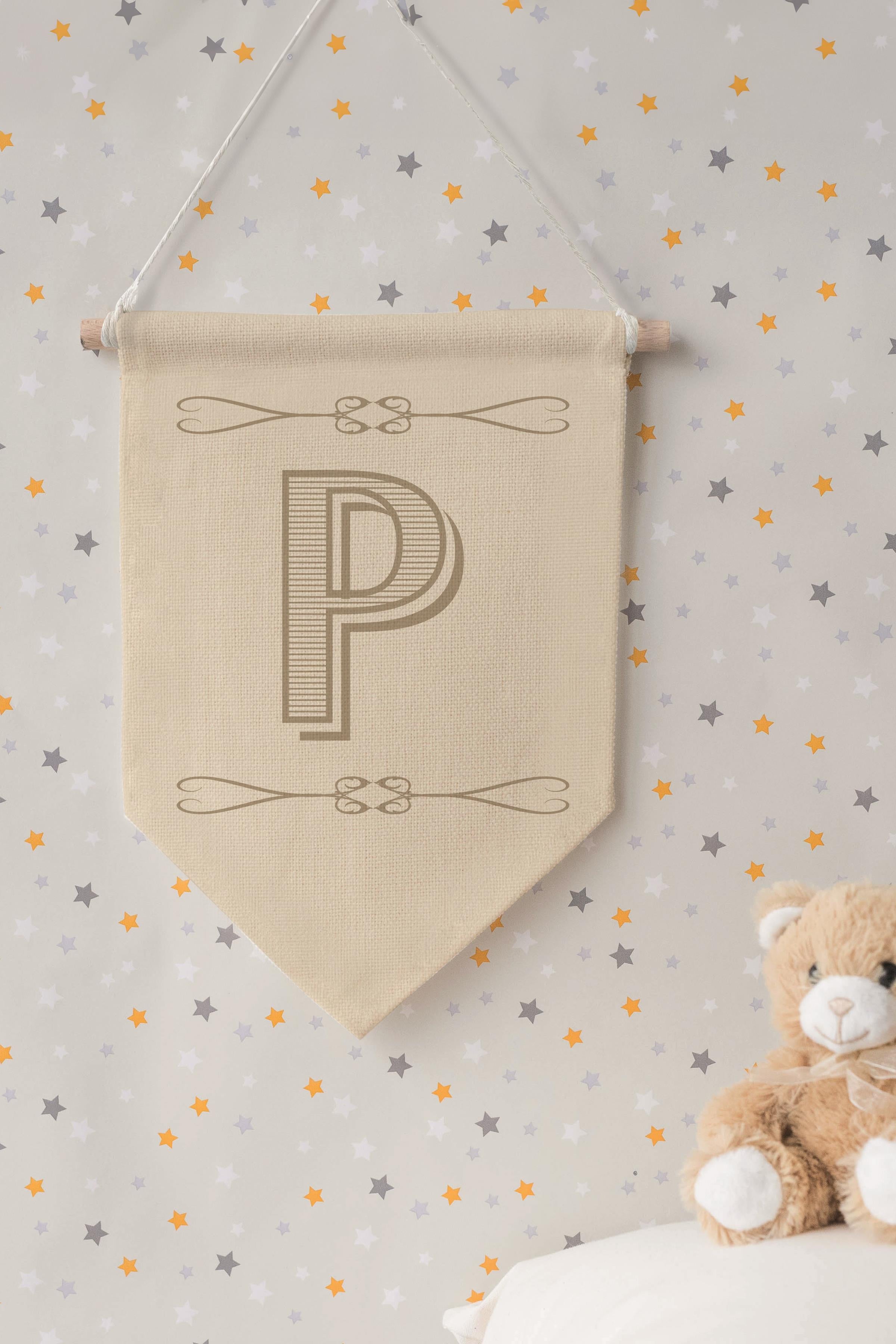 Çocuk Odası Dekor, Duvar Süsü, Ahşap Bebek Odası Dekor, Canvas Flama, Boho Monogram P Harfi