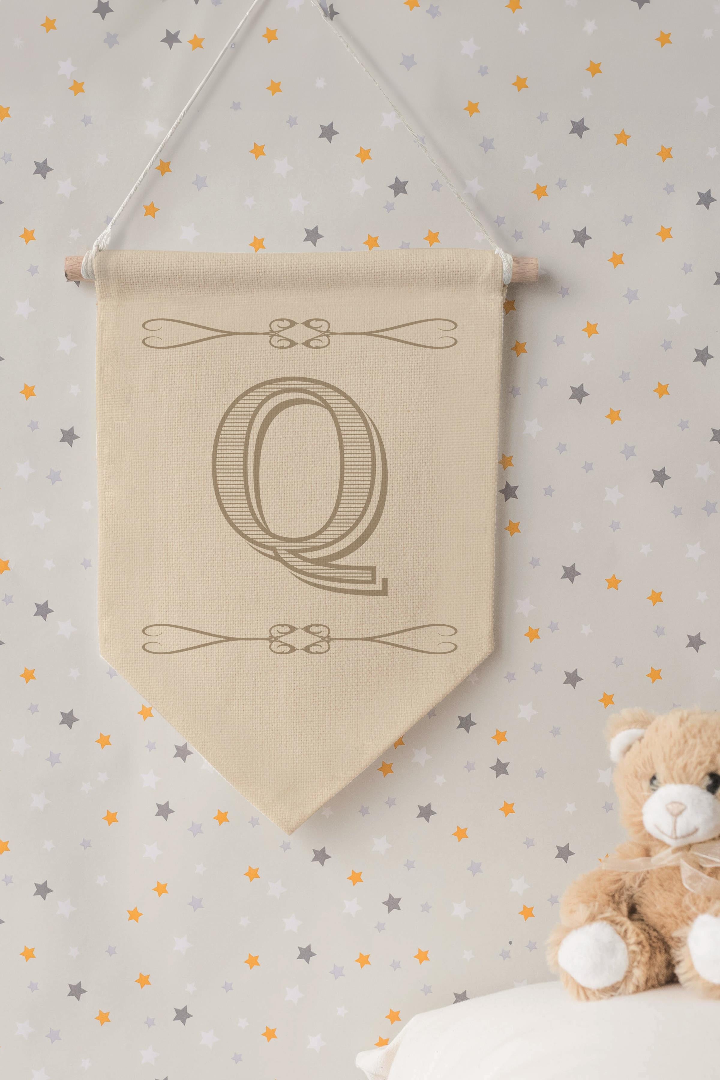 Çocuk Odası Dekor, Duvar Süsü, Ahşap Bebek Odası Dekor, Canvas Flama, Boho Monogram Q Harfi