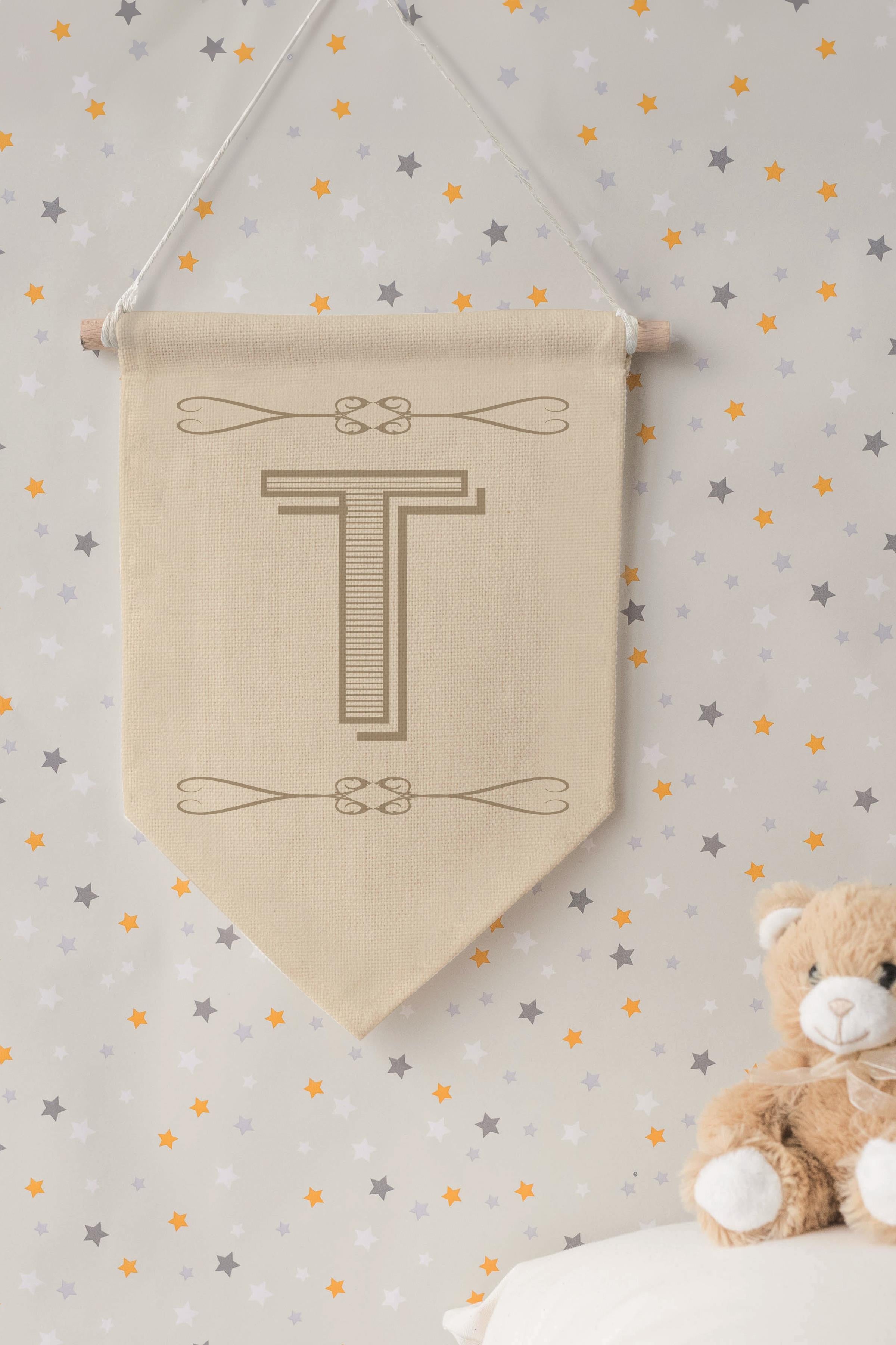 Çocuk Odası Dekor, Duvar Süsü, Ahşap Bebek Odası Dekor, Canvas Flama, Boho Monogram T Harfi