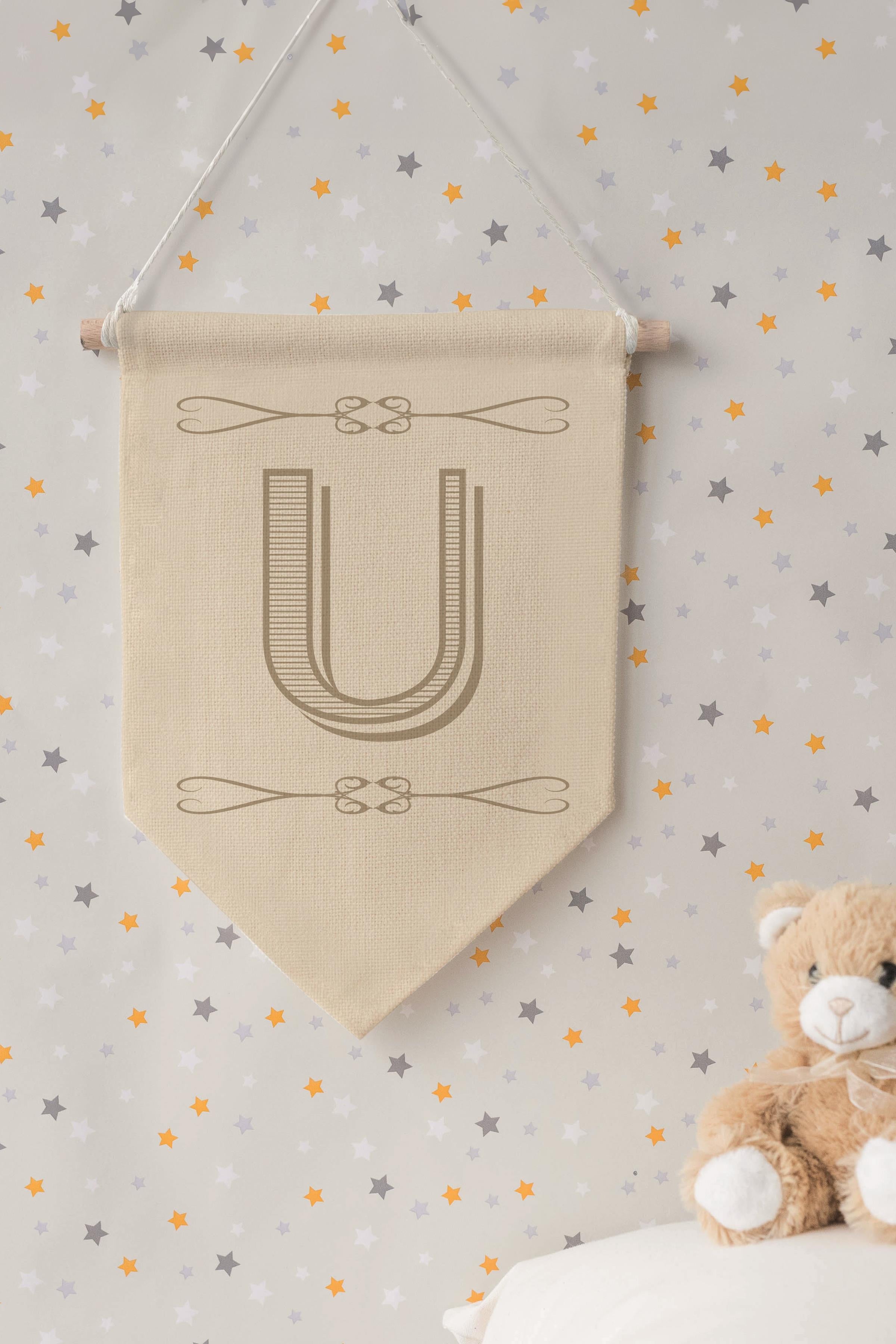 Çocuk Odası Dekor, Duvar Süsü, Ahşap Bebek Odası Dekor, Canvas Flama, Boho Monogram U Harfi
