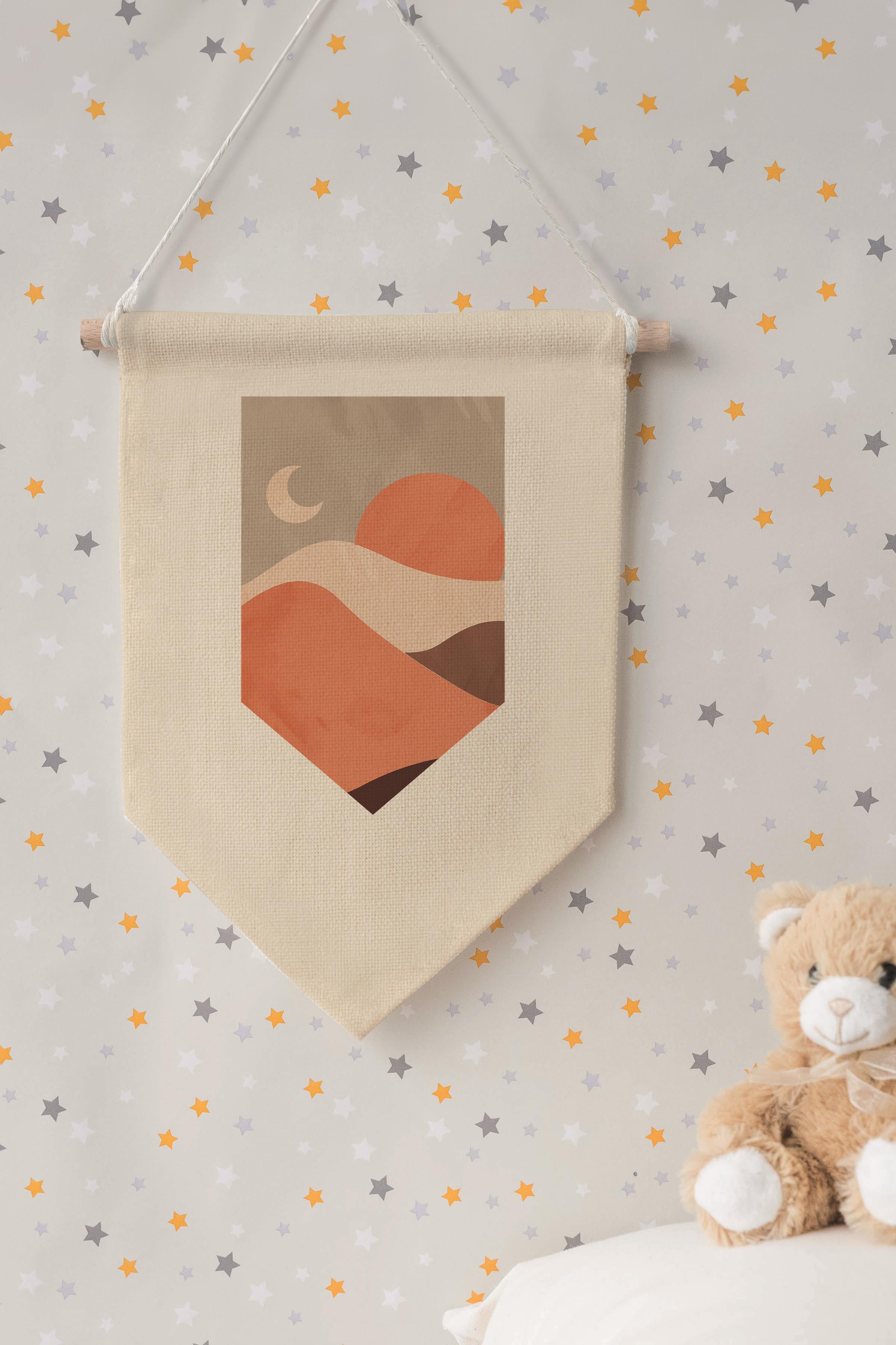 Çocuk Odası Dekor, Duvar Süsü, Ahşap Bebek Odası Dekor, Canvas Flama, Dağ Manzarası - Kahverengi