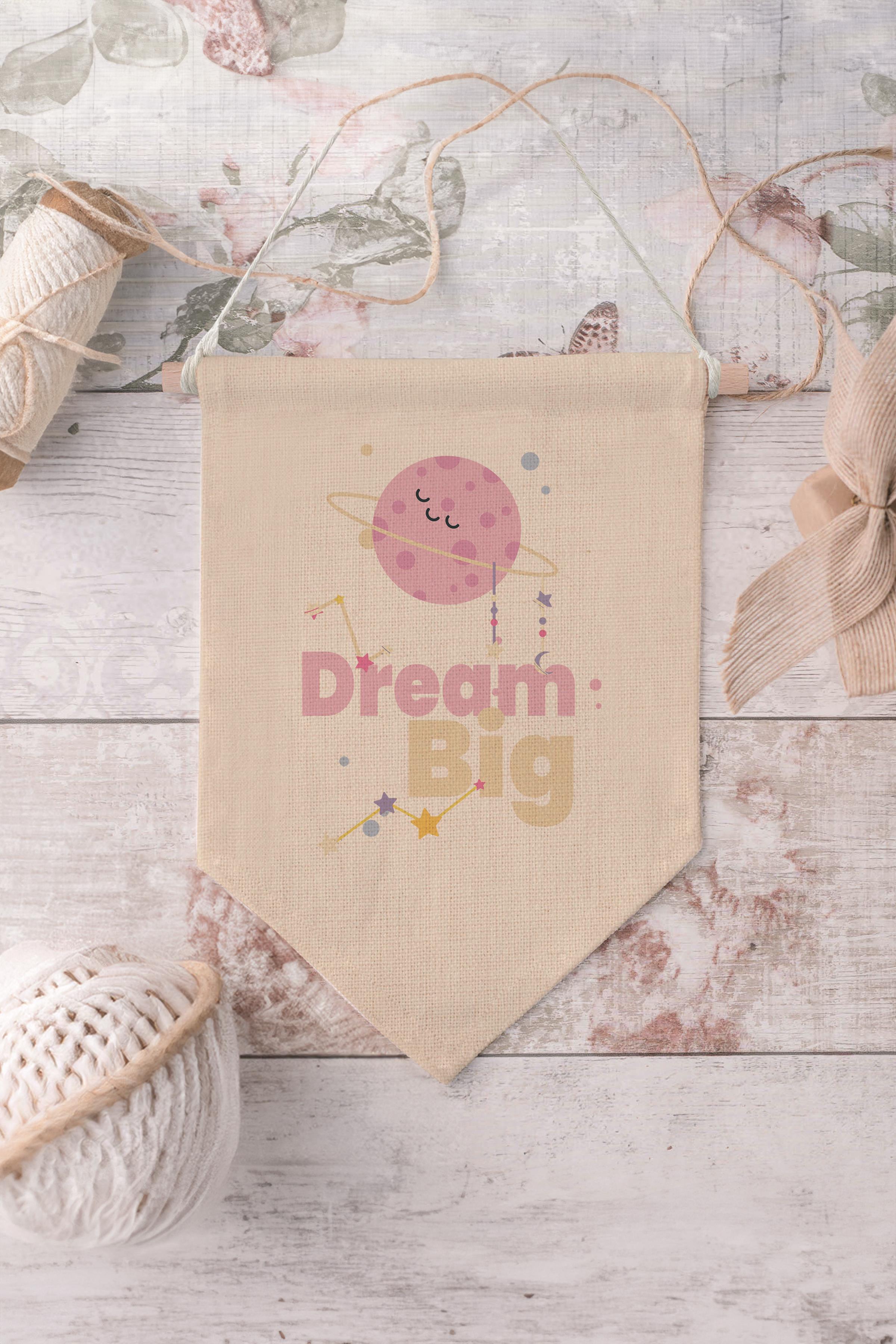 Çocuk Odası Dekor, Duvar Süsü, Ahşap Bebek Odası Dekor, Canvas Flama, Dream Big - Pembe