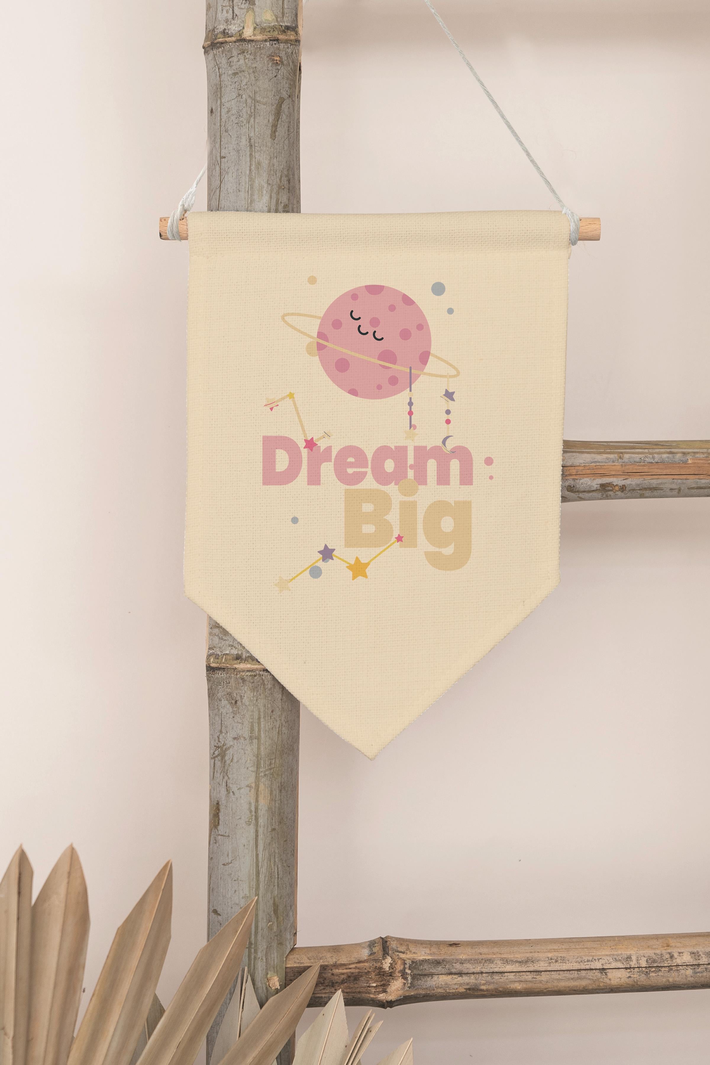 Çocuk Odası Dekor, Duvar Süsü, Ahşap Bebek Odası Dekor, Canvas Flama, Dream Big - Pembe