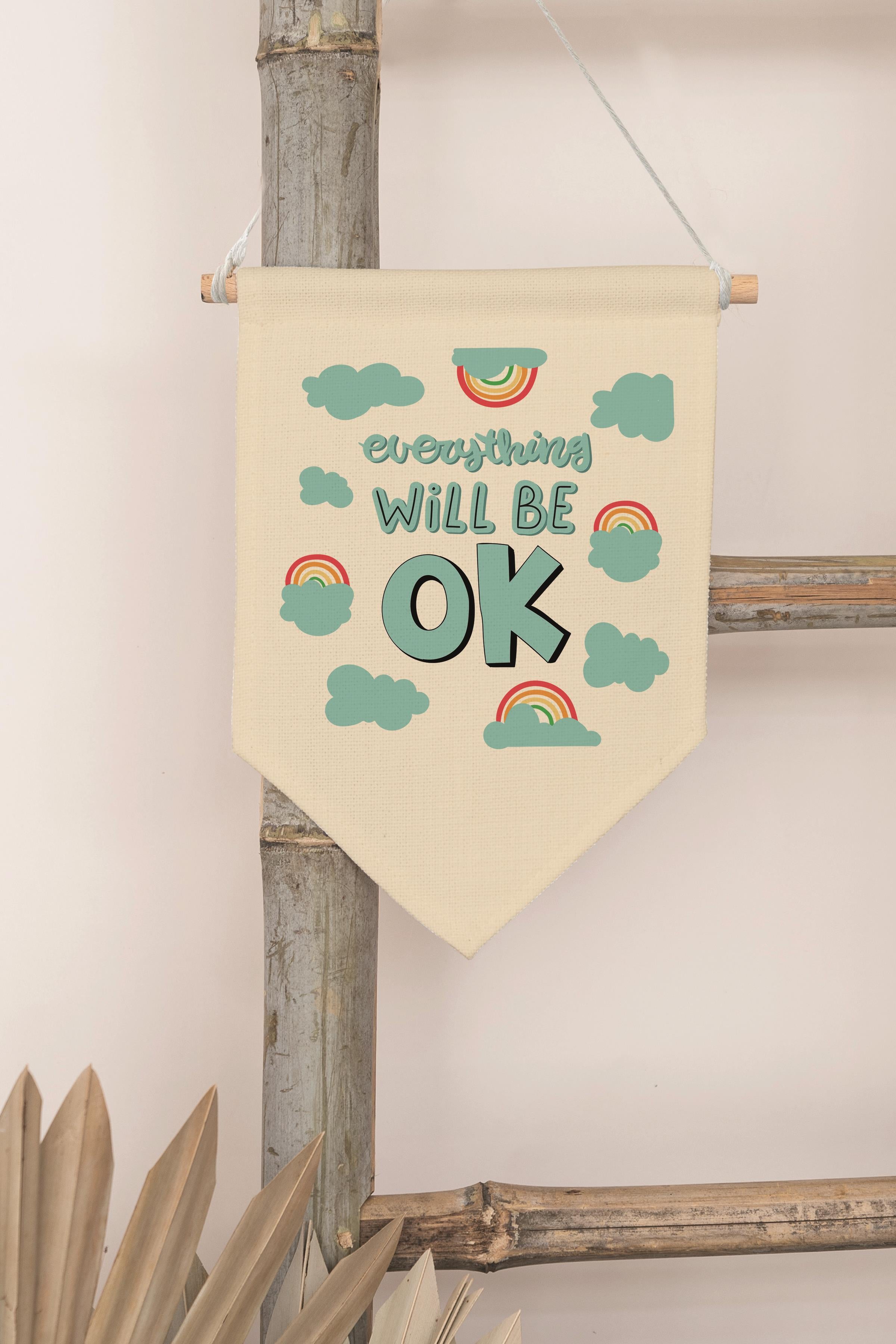 Çocuk Odası Dekor, Duvar Süsü, Ahşap Bebek Odası Dekor, Canvas Flama, Everything Will Be OK - Mavi