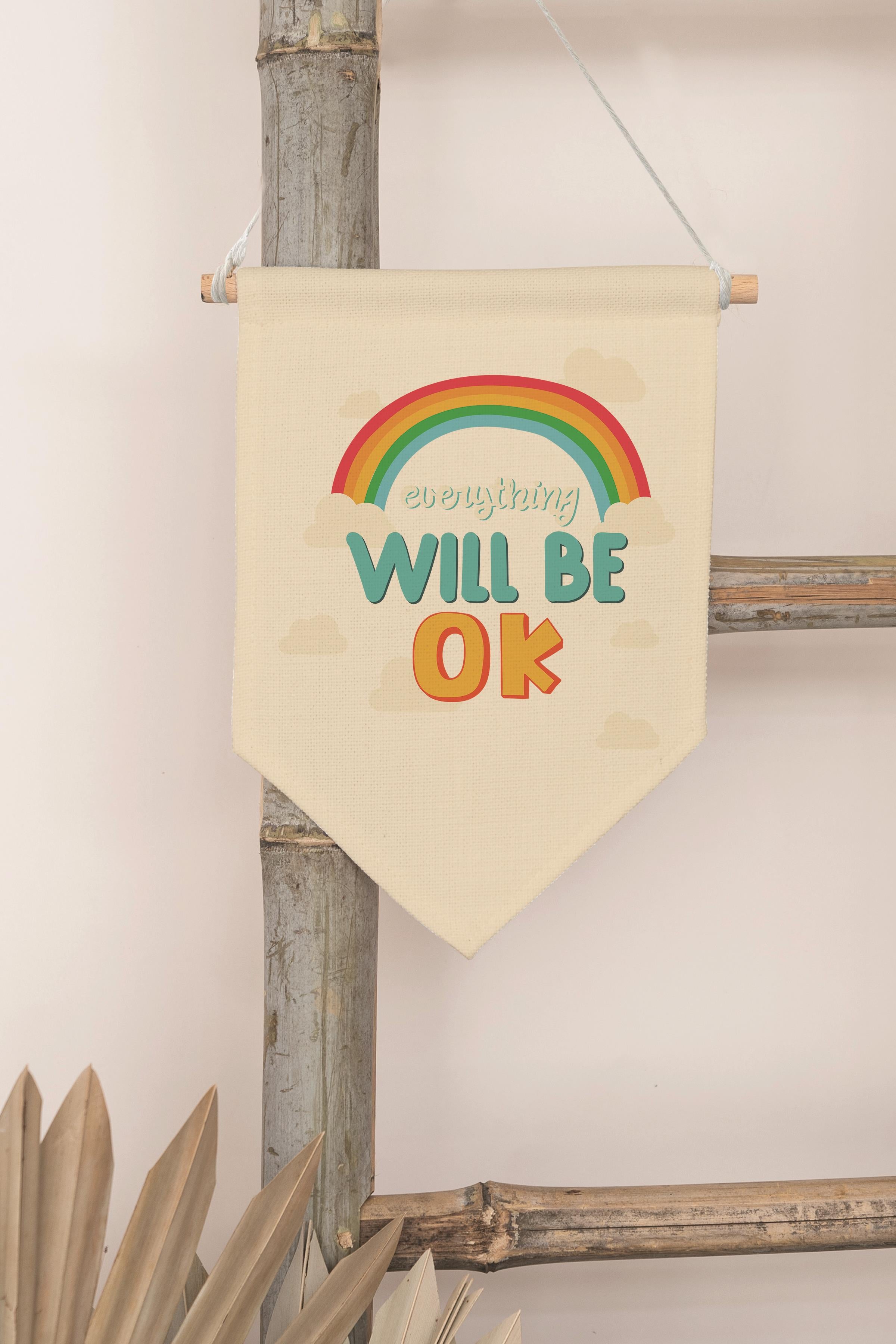 Çocuk Odası Dekor, Duvar Süsü, Ahşap Bebek Odası Dekor, Canvas Flama, Everything Will Be OK - Renkli