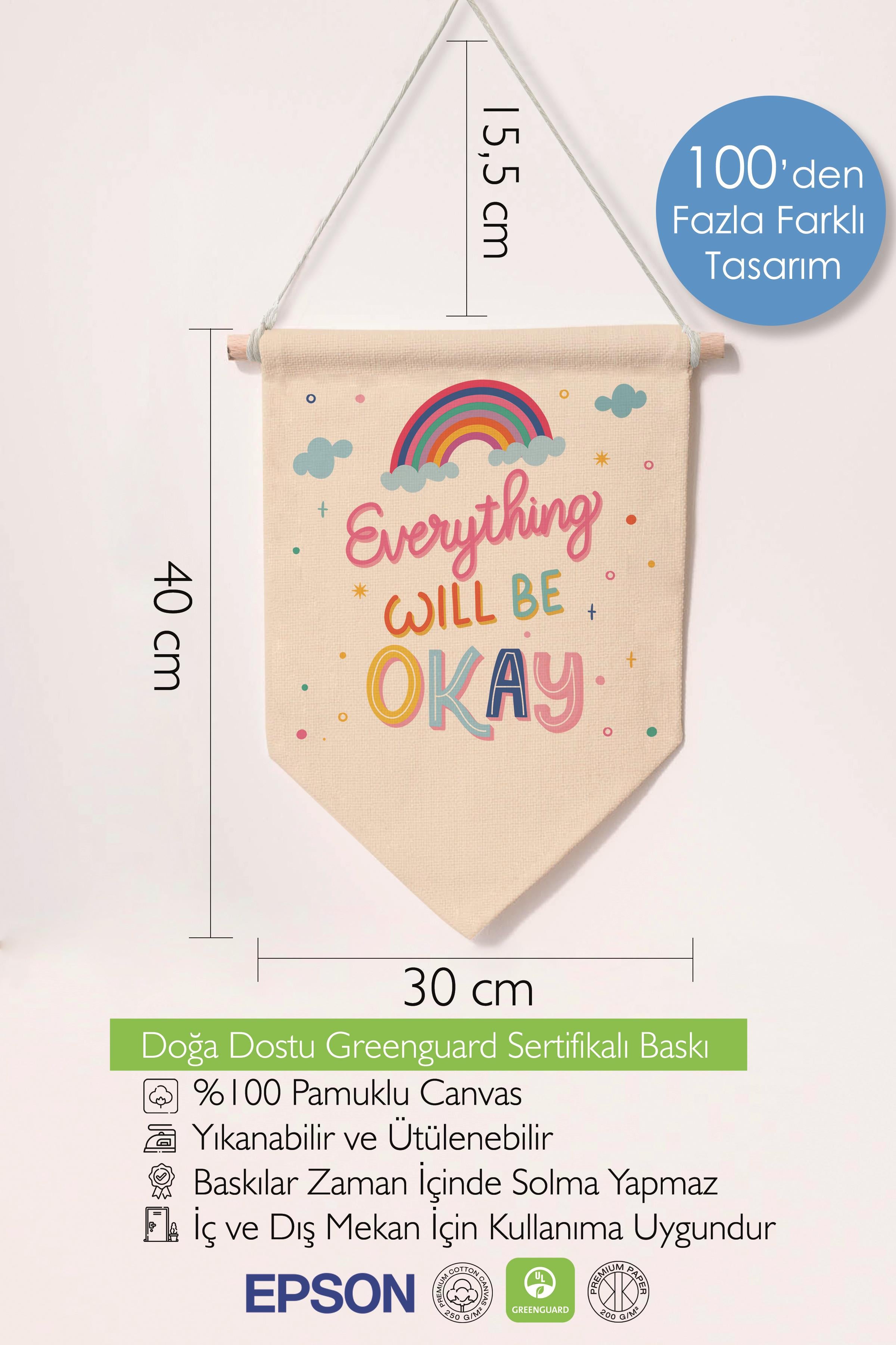 Çocuk Odası Dekor, Duvar Süsü, Ahşap Bebek Odası Dekor, Canvas Flama, Everything Will Be OK - Renkli