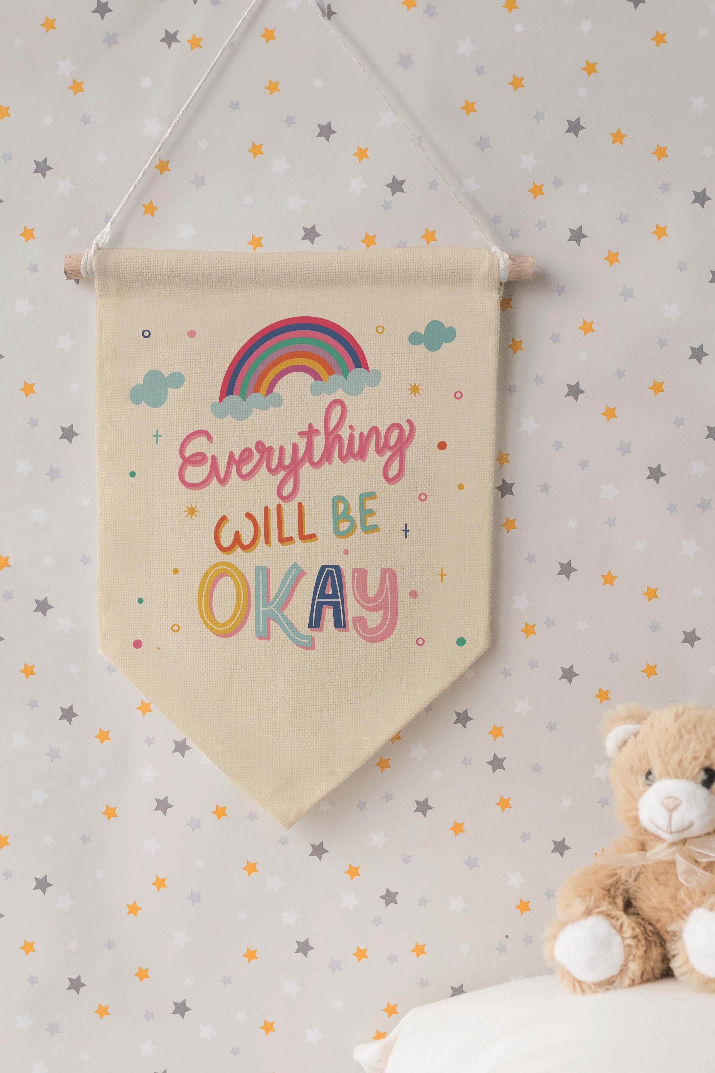 Çocuk Odası Dekor, Duvar Süsü, Ahşap Bebek Odası Dekor, Canvas Flama, Everything Will Be OK - Renkli
