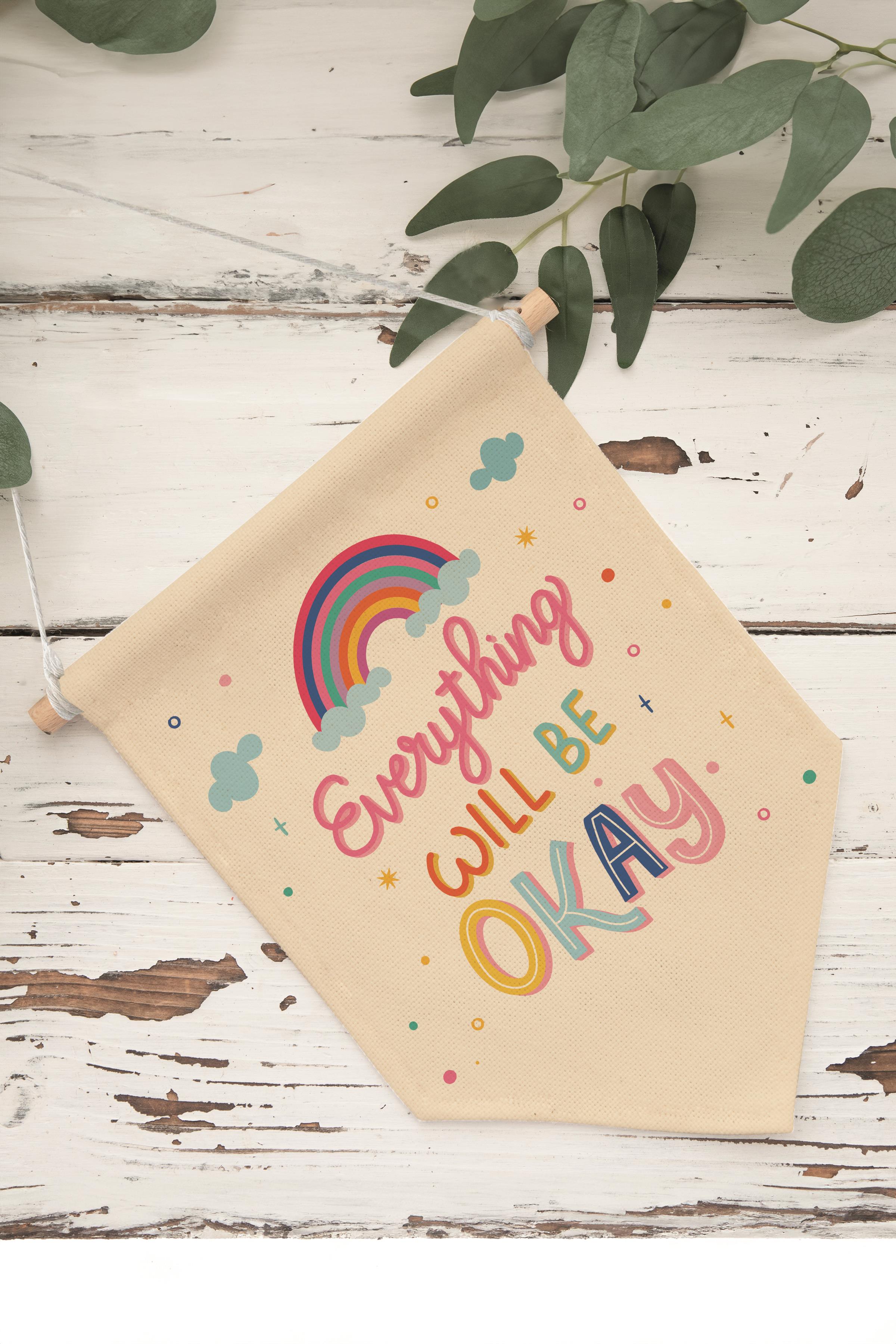 Çocuk Odası Dekor, Duvar Süsü, Ahşap Bebek Odası Dekor, Canvas Flama, Everything Will Be OK - Renkli