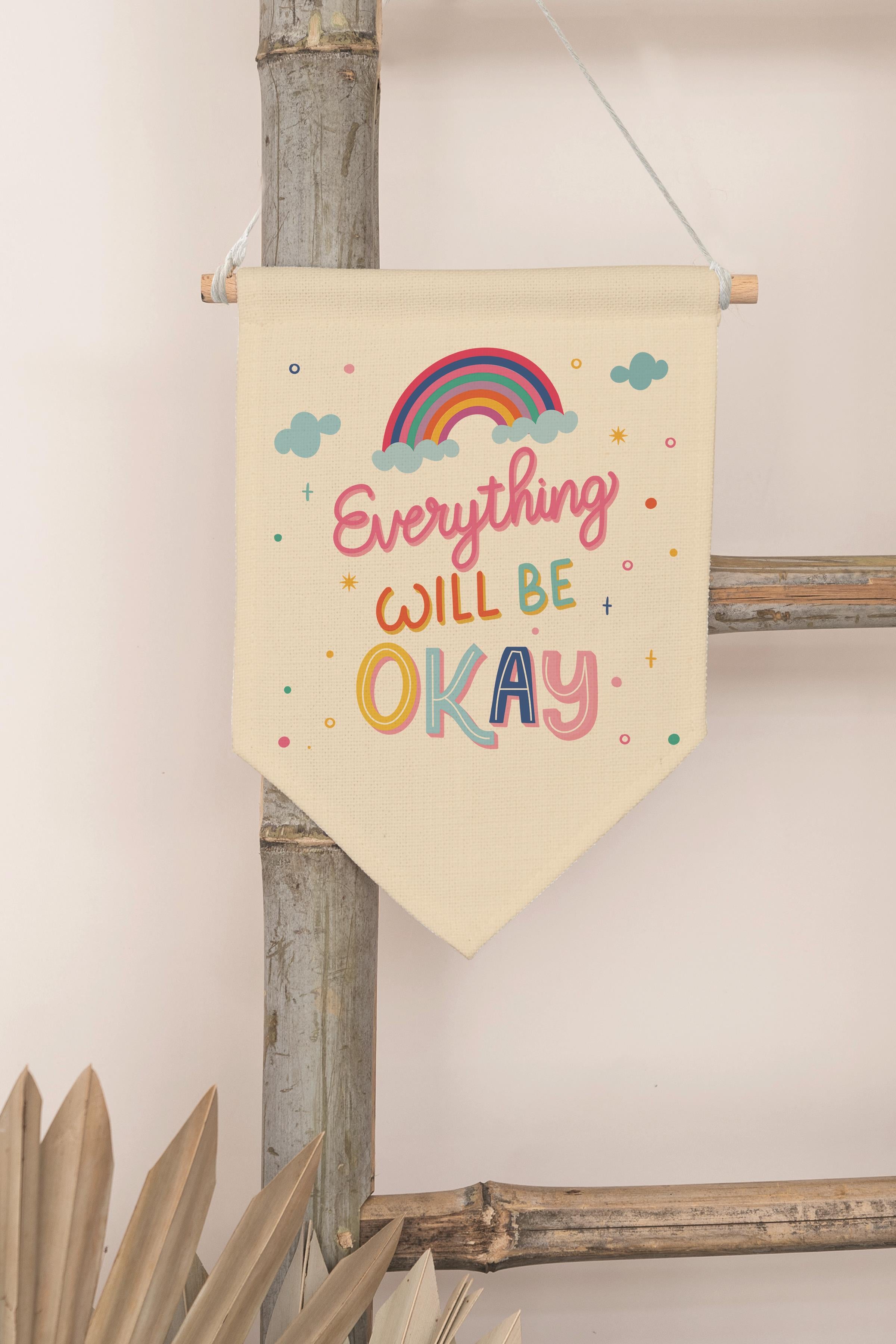 Çocuk Odası Dekor, Duvar Süsü, Ahşap Bebek Odası Dekor, Canvas Flama, Everything Will Be OK - Renkli