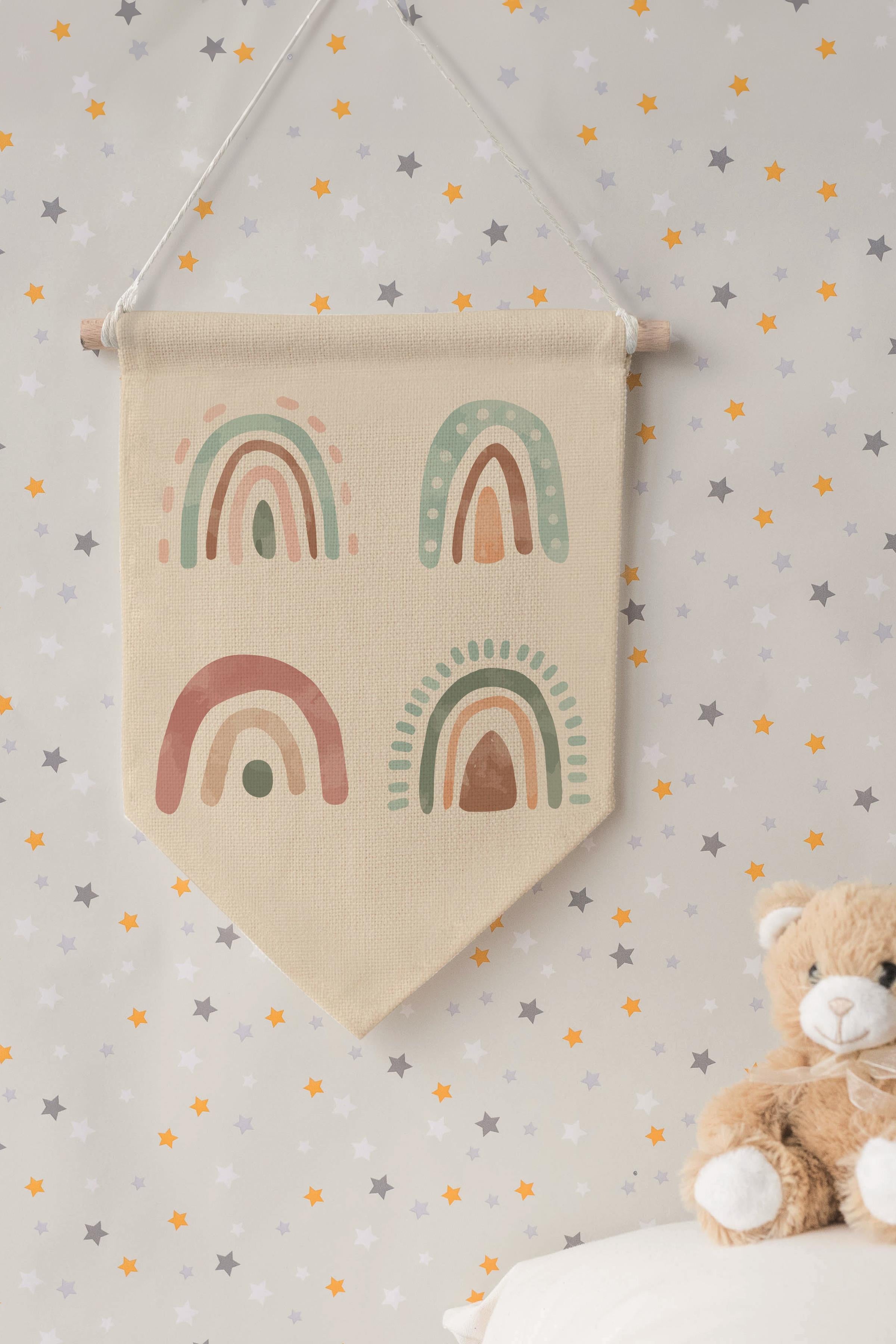 Çocuk Odası Dekor, Duvar Süsü, Ahşap Bebek Odası Dekor, Canvas Flama, Gökkuşağı Deseni - Renkli