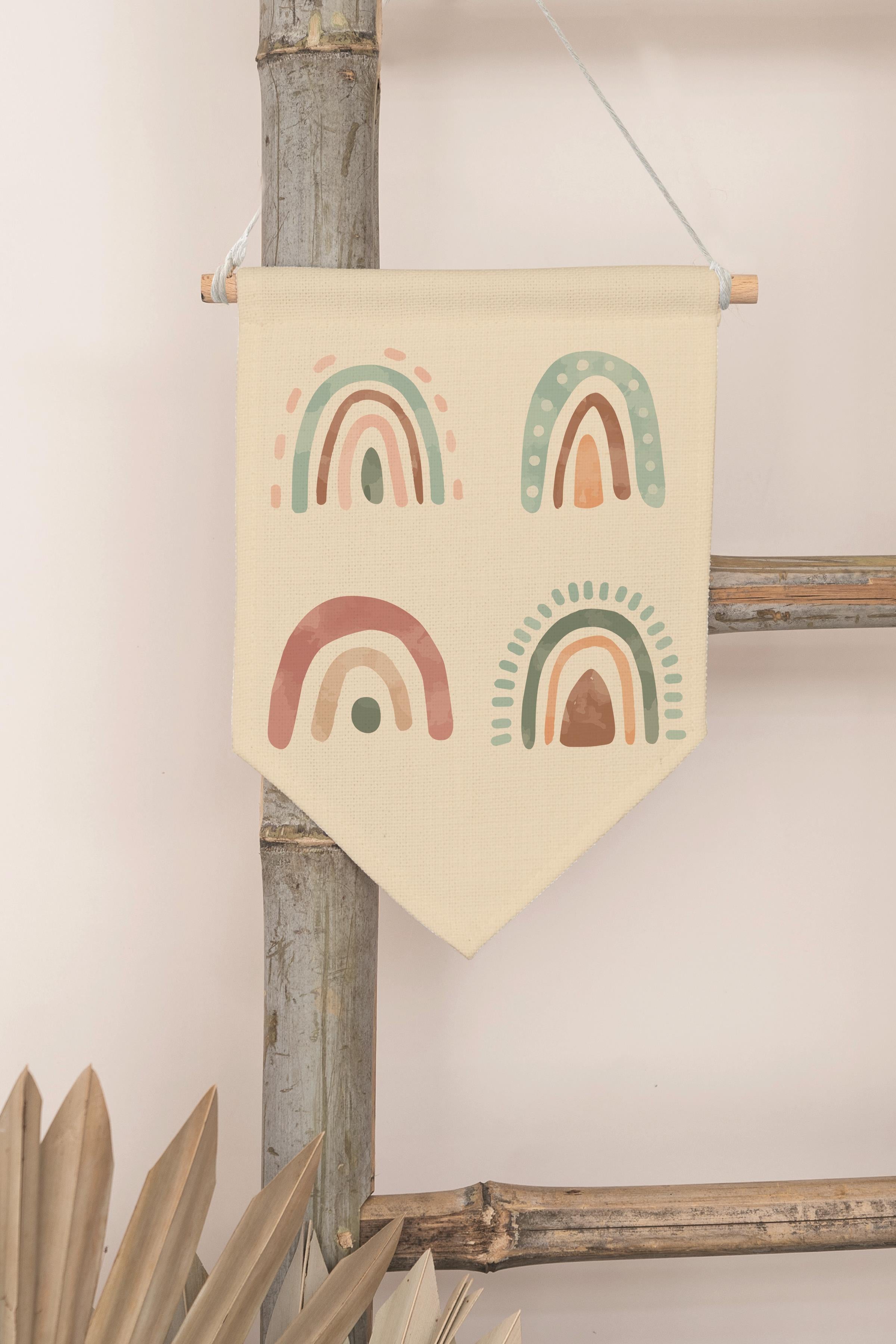 Çocuk Odası Dekor, Duvar Süsü, Ahşap Bebek Odası Dekor, Canvas Flama, Gökkuşağı Deseni - Renkli