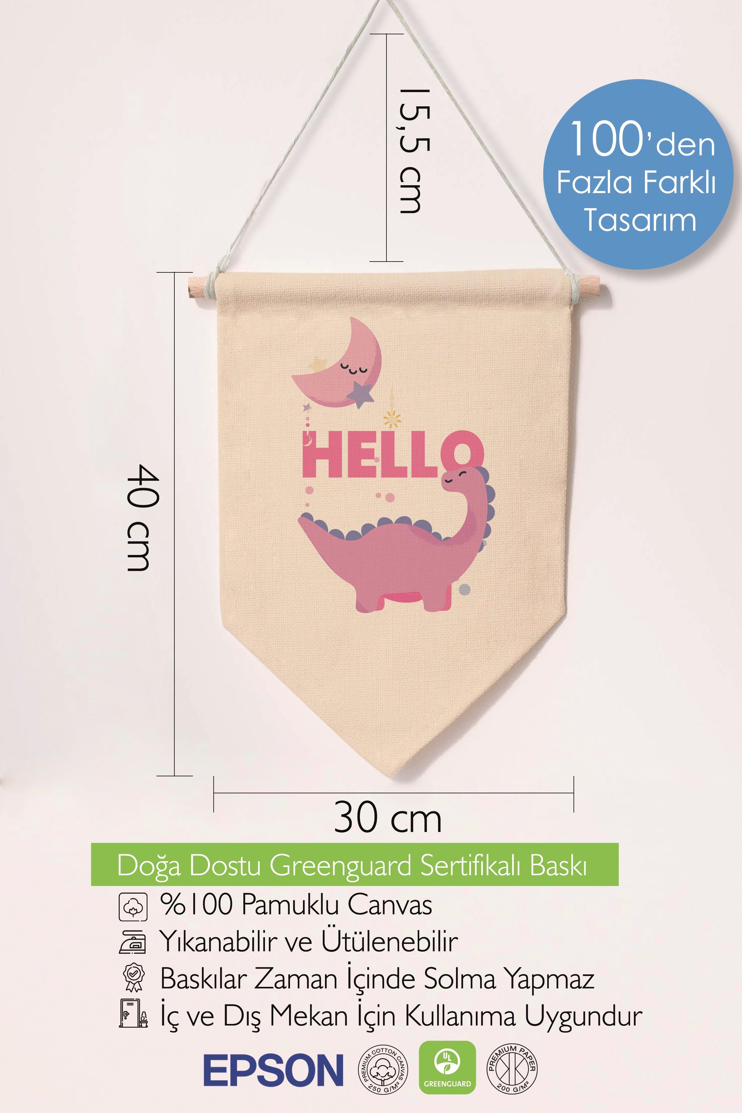 Çocuk Odası Dekor, Duvar Süsü, Ahşap Bebek Odası Dekor, Canvas Flama, Hello Dinozor - Pembe