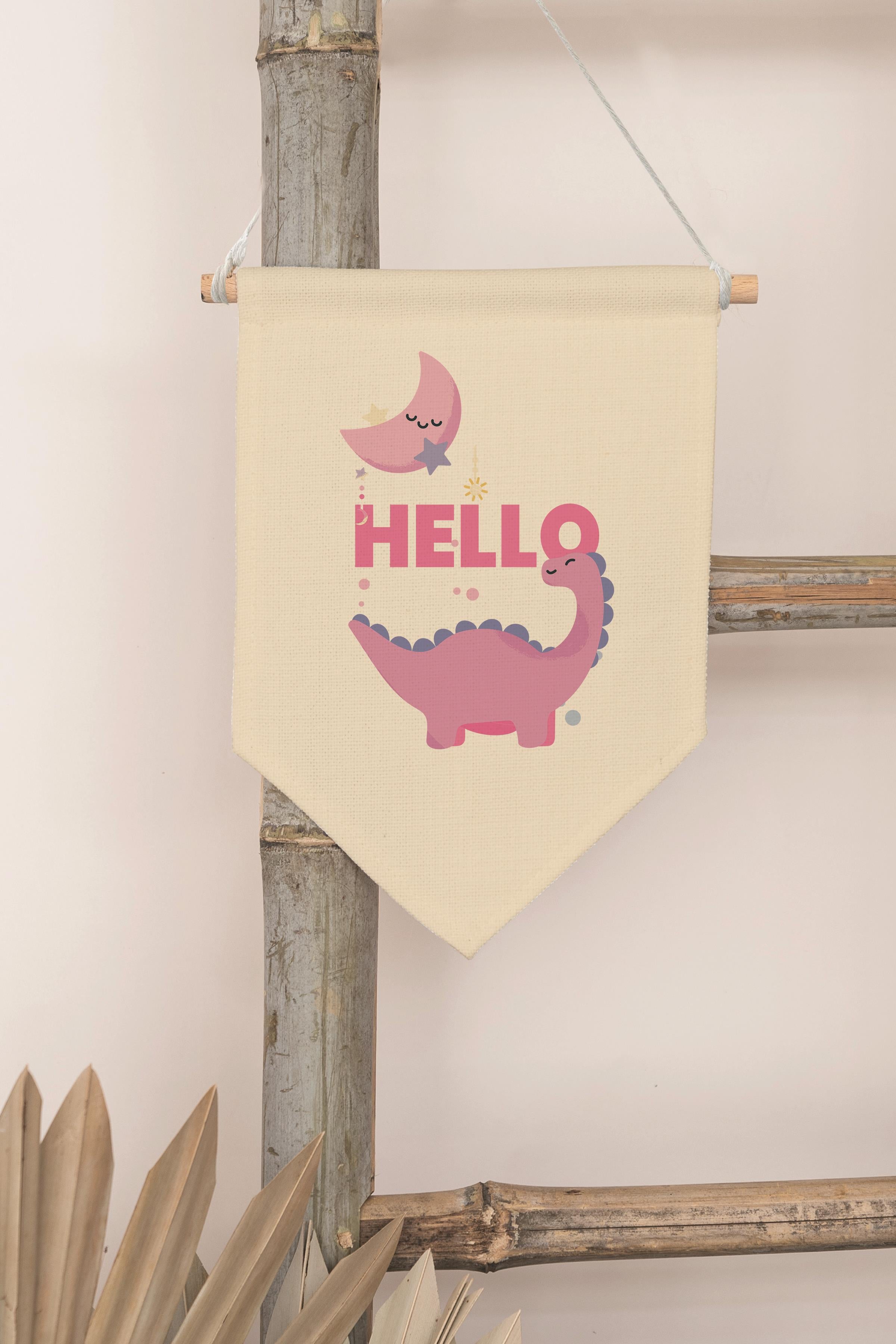 Çocuk Odası Dekor, Duvar Süsü, Ahşap Bebek Odası Dekor, Canvas Flama, Hello Dinozor - Pembe