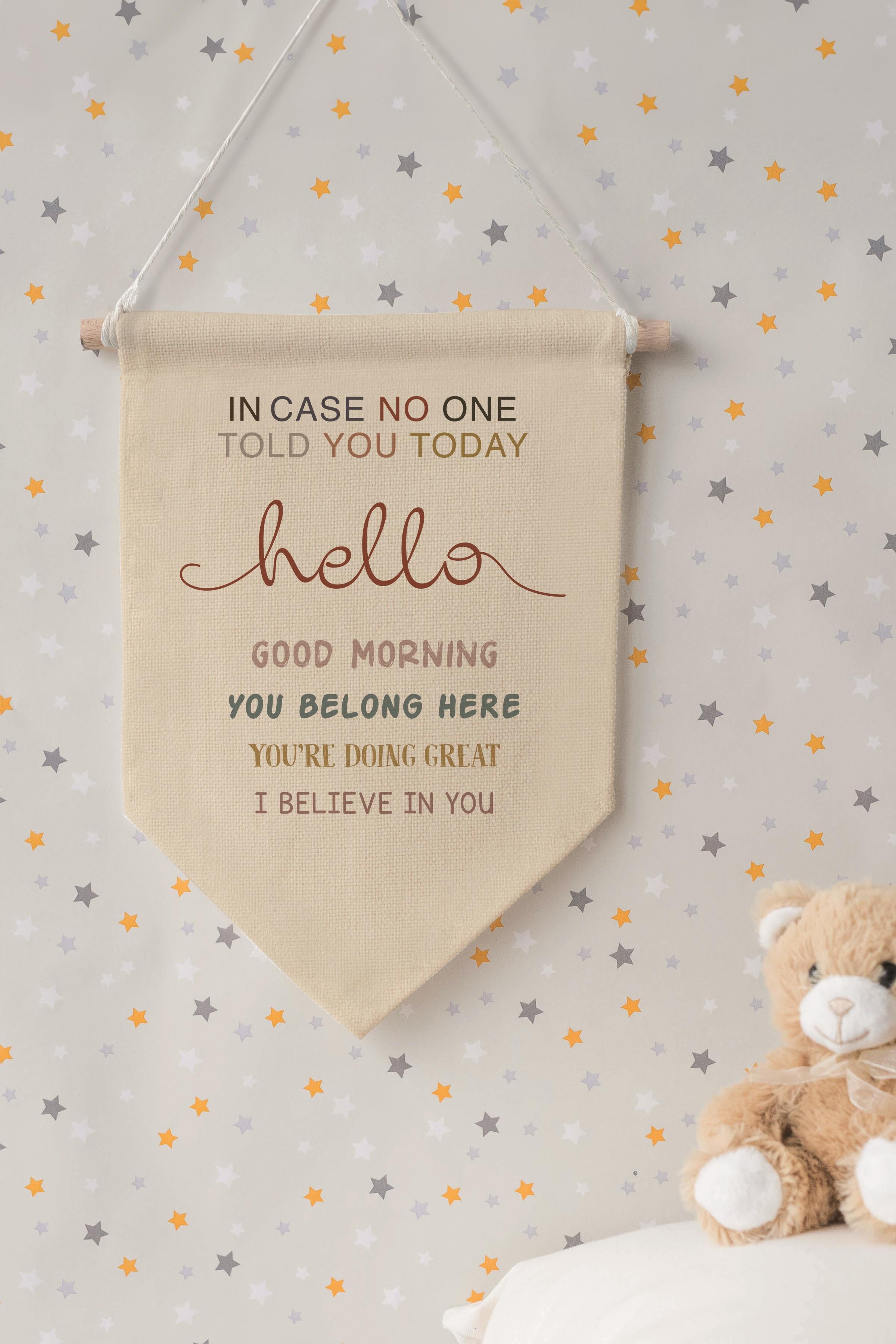 Çocuk Odası Dekor, Duvar Süsü, Ahşap Bebek Odası Dekor, Canvas Flama, Hello, You Belong Here - Renkli