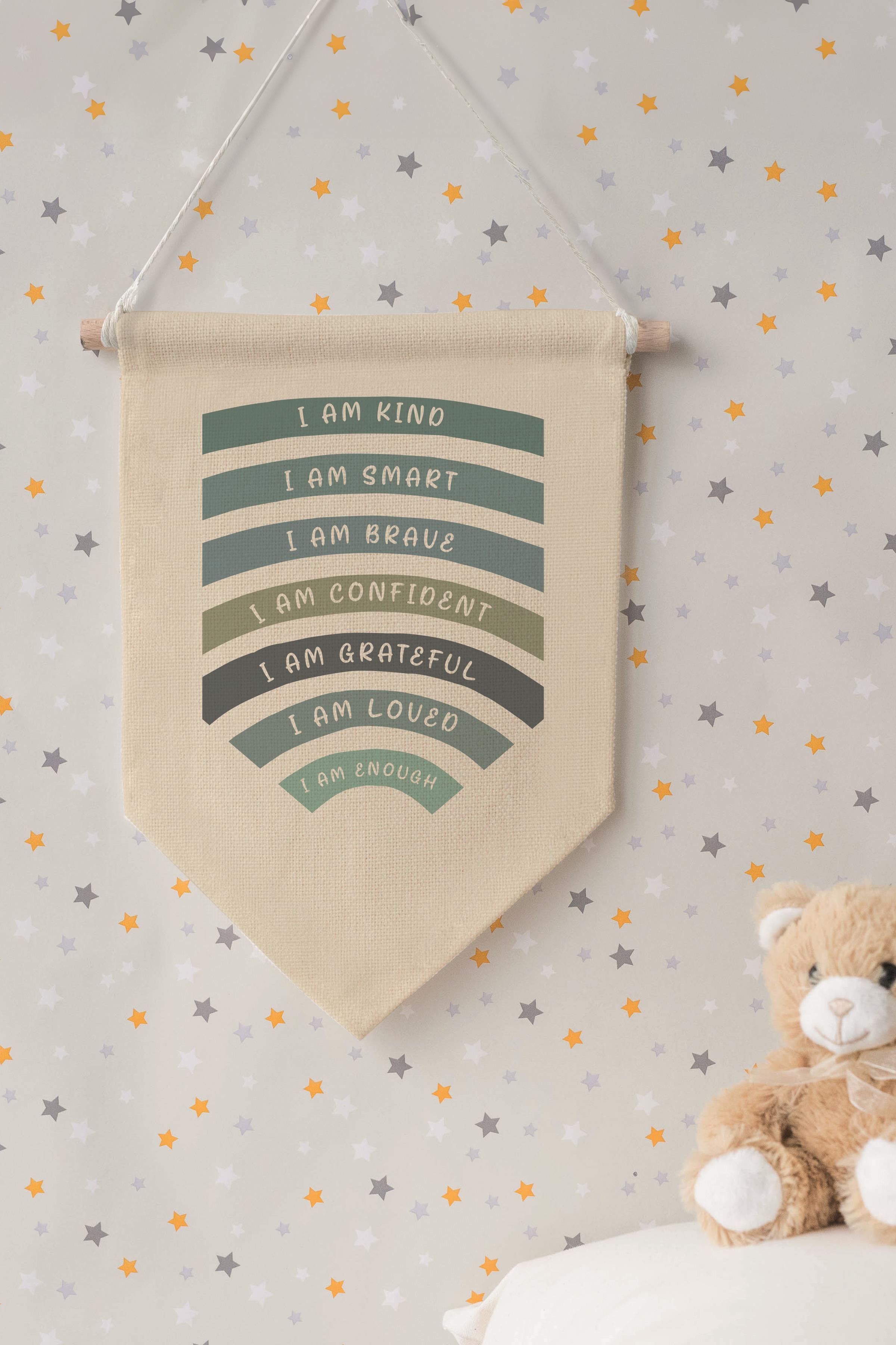 Çocuk Odası Dekor, Duvar Süsü, Ahşap Bebek Odası Dekor, Canvas Flama, I Am Kind I Am Smart - Mavi