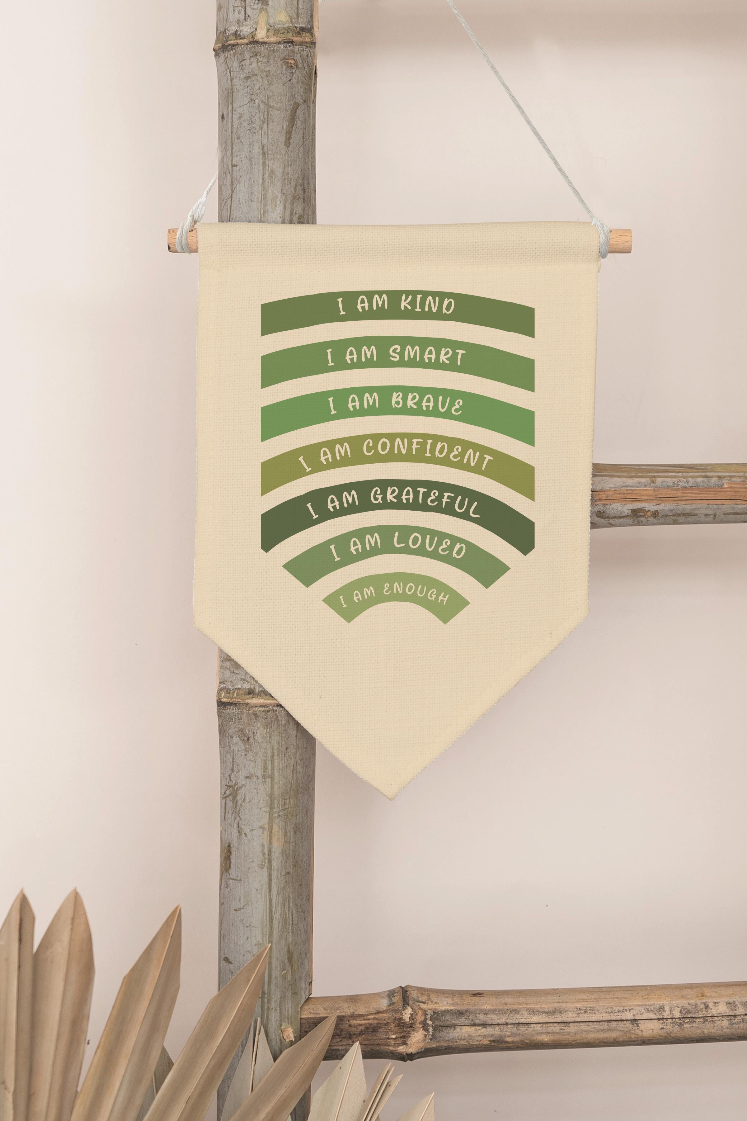 Çocuk Odası Dekor, Duvar Süsü, Ahşap Bebek Odası Dekor, Canvas Flama, I Am Kind I Am Smart - Yeşil
