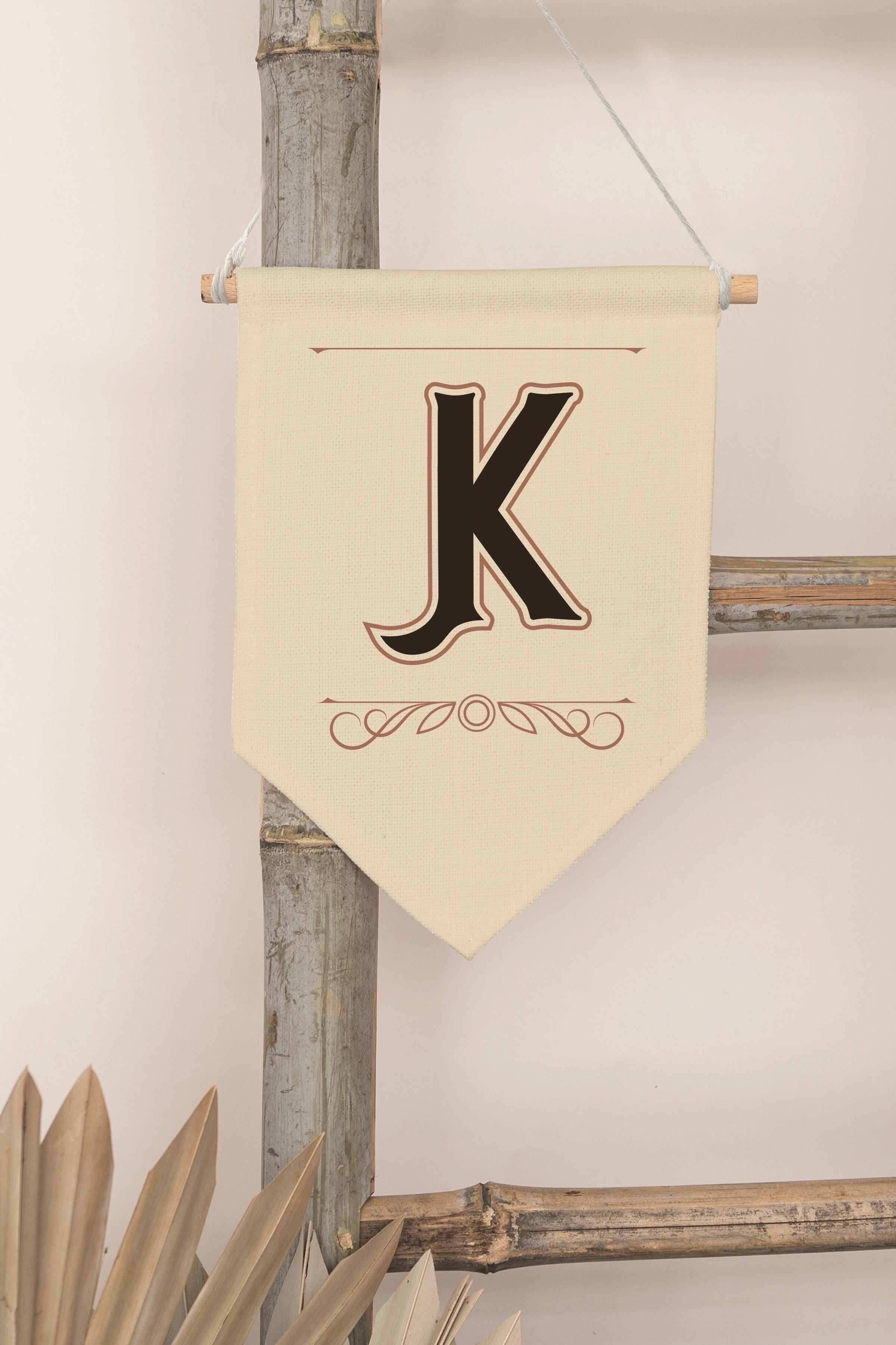 Çocuk Odası Dekor, Duvar Süsü, Ahşap Bebek Odası Dekor, Canvas Flama, Kahverengi K Harfi