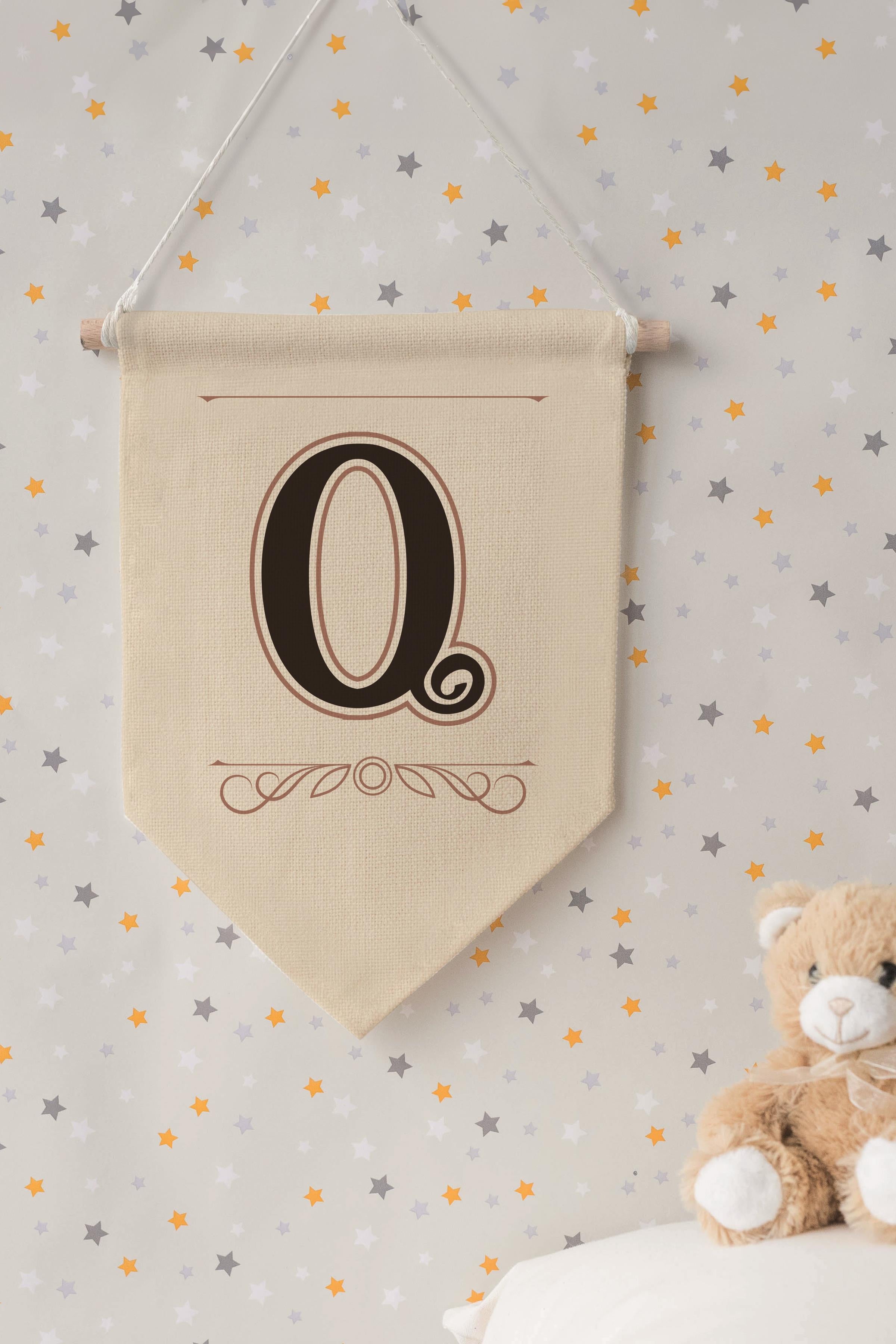 Çocuk Odası Dekor, Duvar Süsü, Ahşap Bebek Odası Dekor, Canvas Flama, Kahverengi Q Harfi