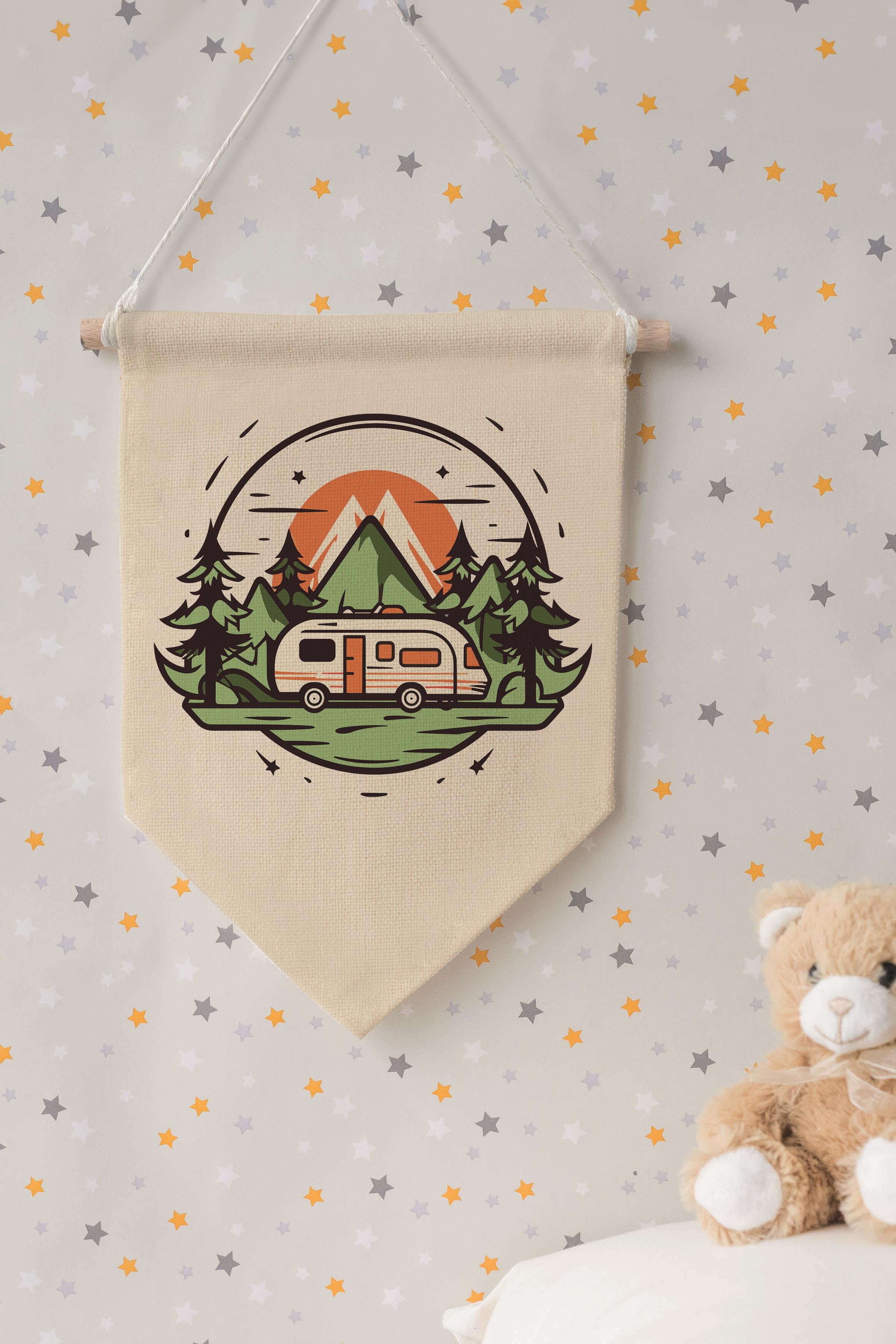 Çocuk Odası Dekor, Duvar Süsü, Ahşap Bebek Odası Dekor, Canvas Flama, Karavan Çizimi - Renkli