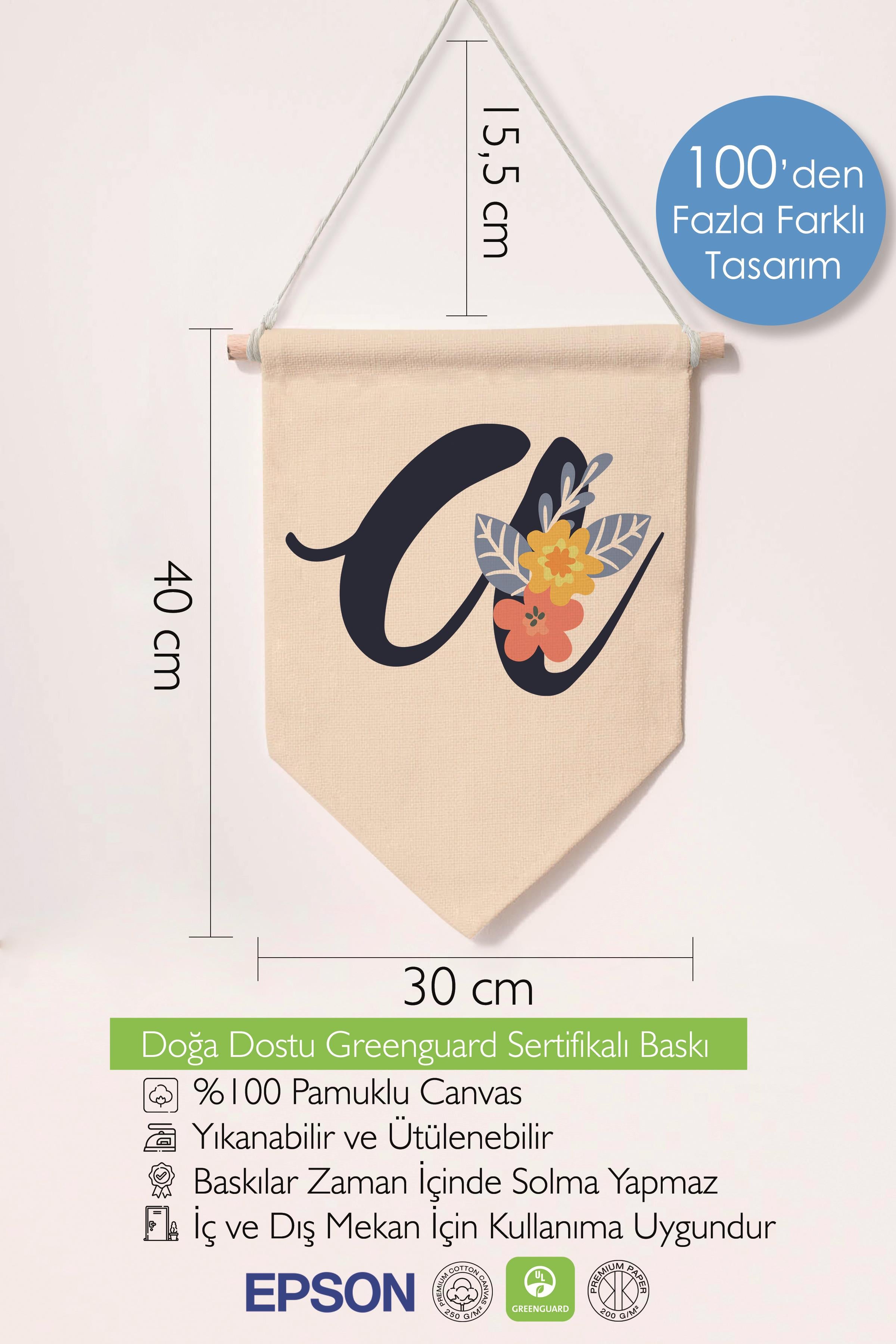 Çocuk Odası Dekor, Duvar Süsü, Ahşap Bebek Odası Dekor, Canvas Flama, Lacivert Çiçekli A Harfi