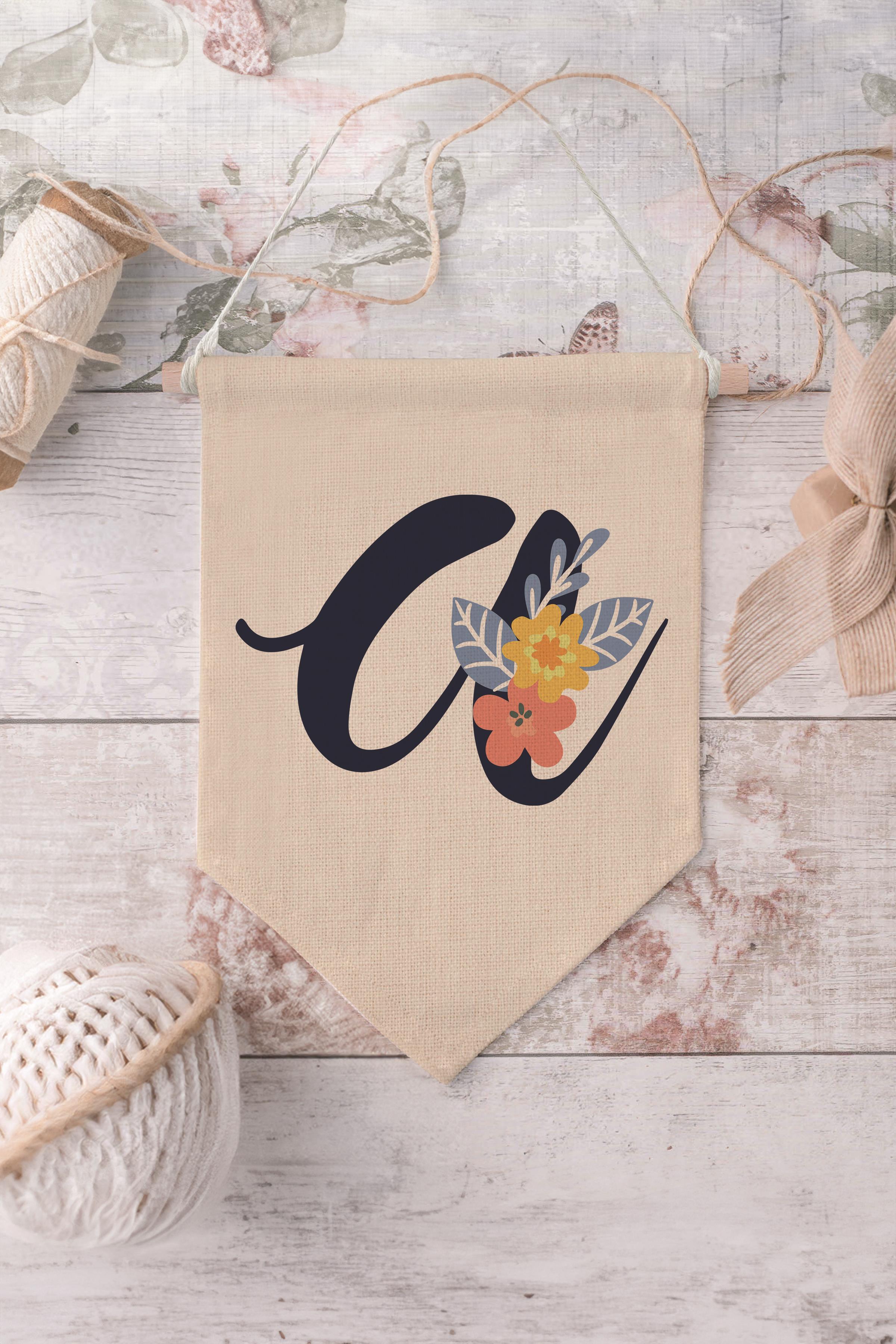 Çocuk Odası Dekor, Duvar Süsü, Ahşap Bebek Odası Dekor, Canvas Flama, Lacivert Çiçekli A Harfi