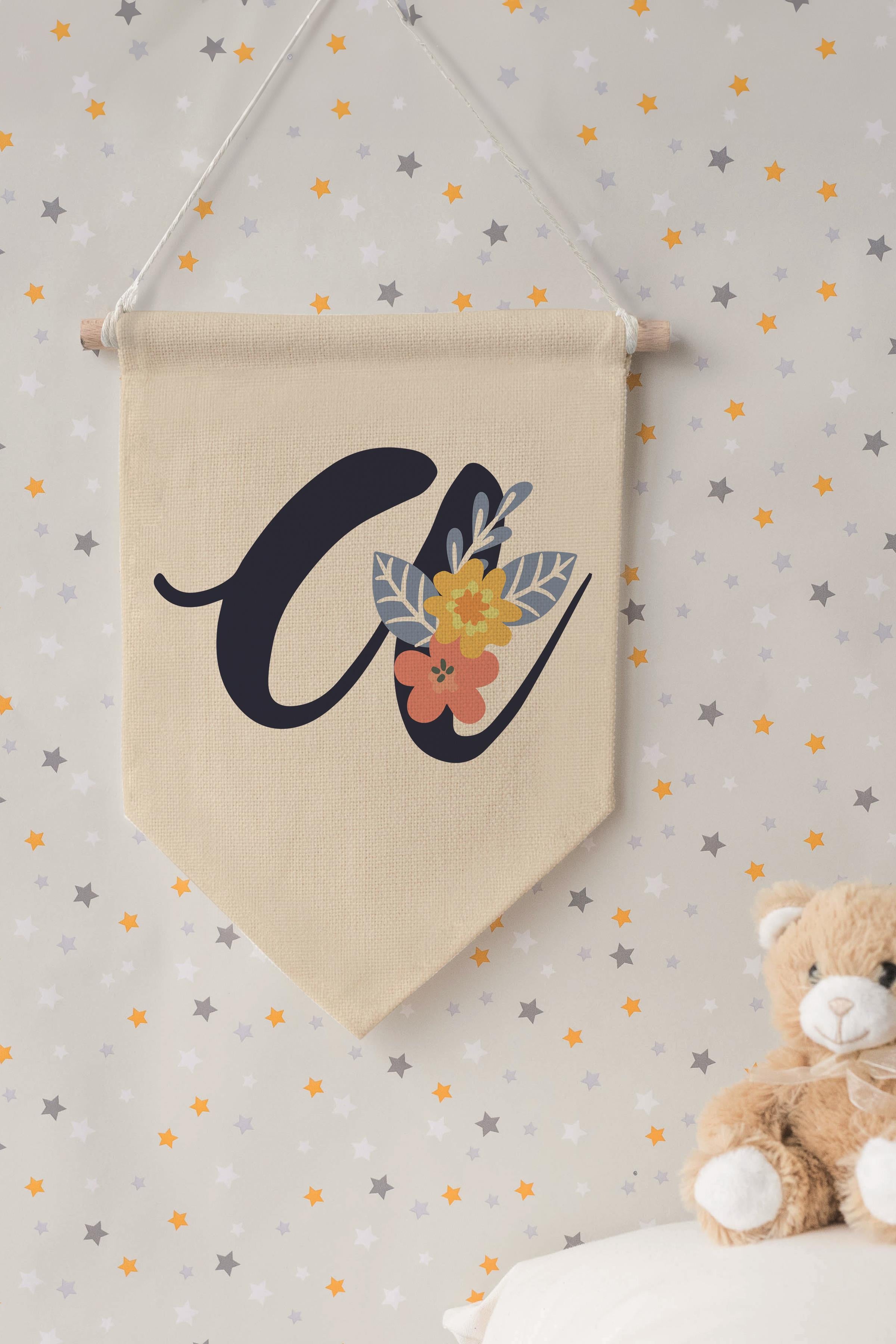 Çocuk Odası Dekor, Duvar Süsü, Ahşap Bebek Odası Dekor, Canvas Flama, Lacivert Çiçekli A Harfi