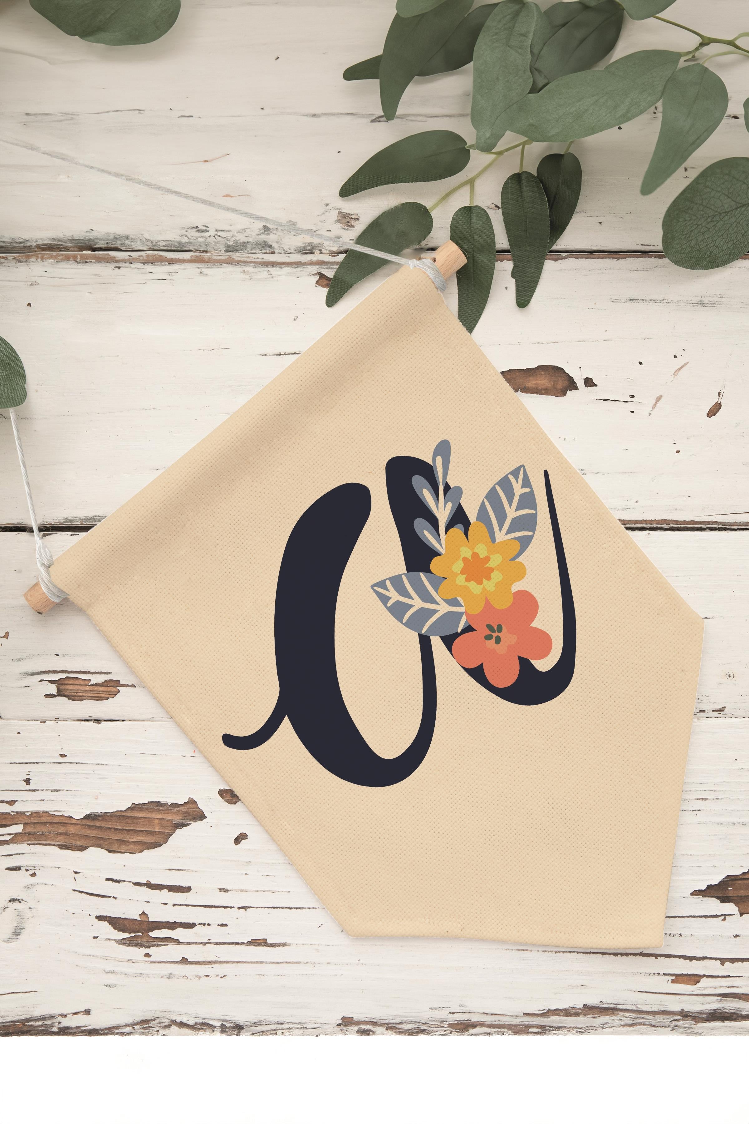 Çocuk Odası Dekor, Duvar Süsü, Ahşap Bebek Odası Dekor, Canvas Flama, Lacivert Çiçekli A Harfi