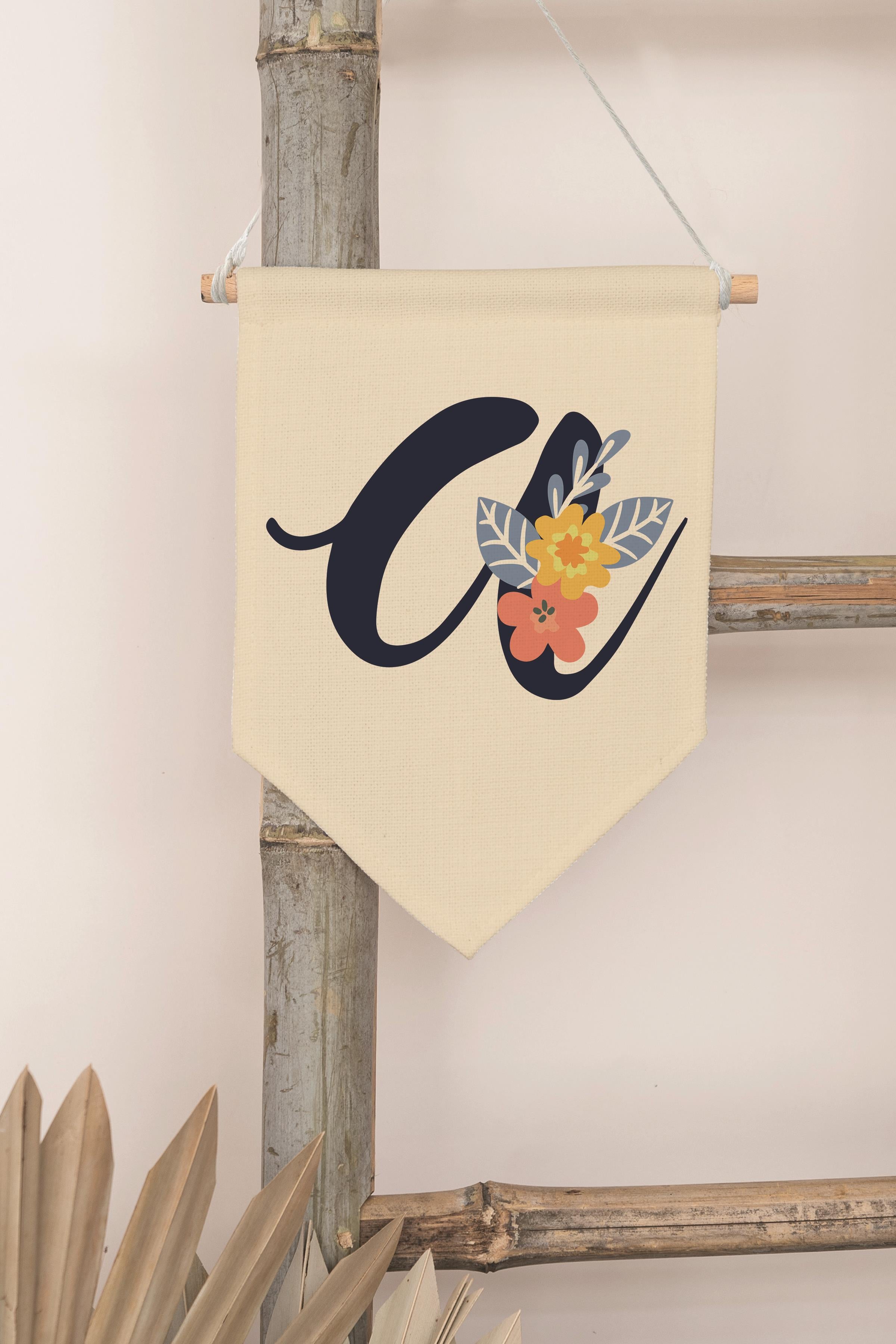 Çocuk Odası Dekor, Duvar Süsü, Ahşap Bebek Odası Dekor, Canvas Flama, Lacivert Çiçekli A Harfi