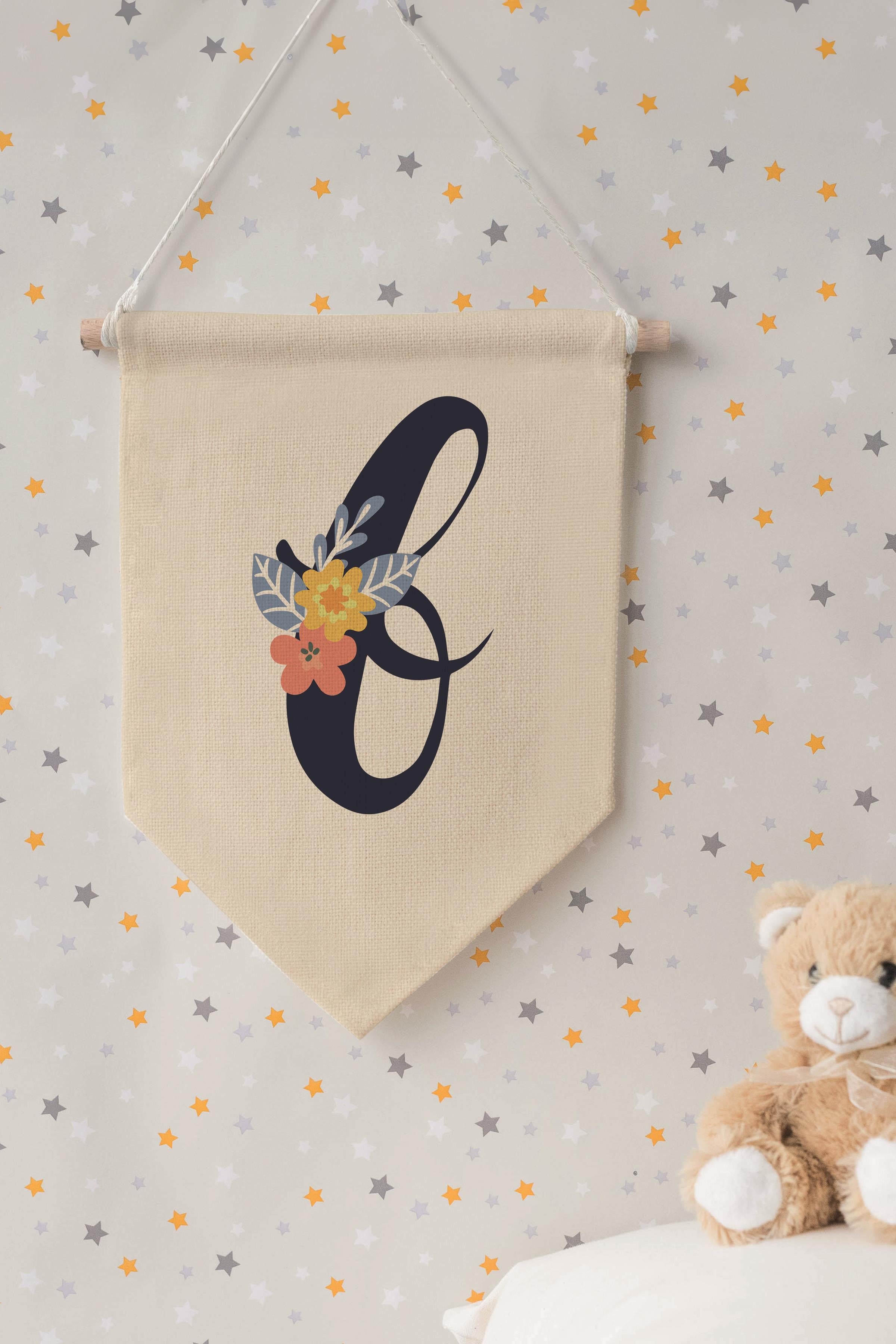 Çocuk Odası Dekor, Duvar Süsü, Ahşap Bebek Odası Dekor, Canvas Flama, Lacivert Çiçekli B Harfi