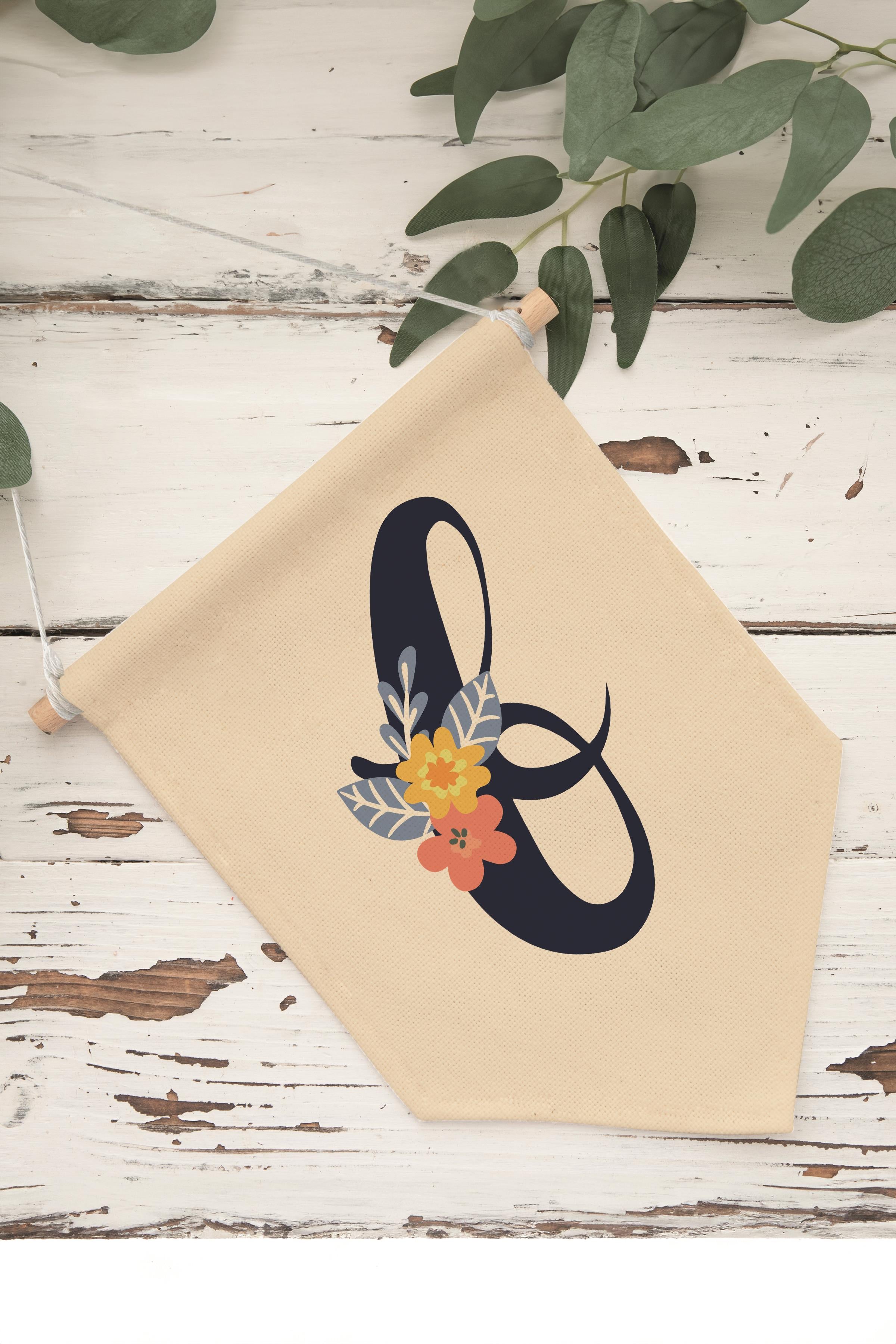 Çocuk Odası Dekor, Duvar Süsü, Ahşap Bebek Odası Dekor, Canvas Flama, Lacivert Çiçekli B Harfi