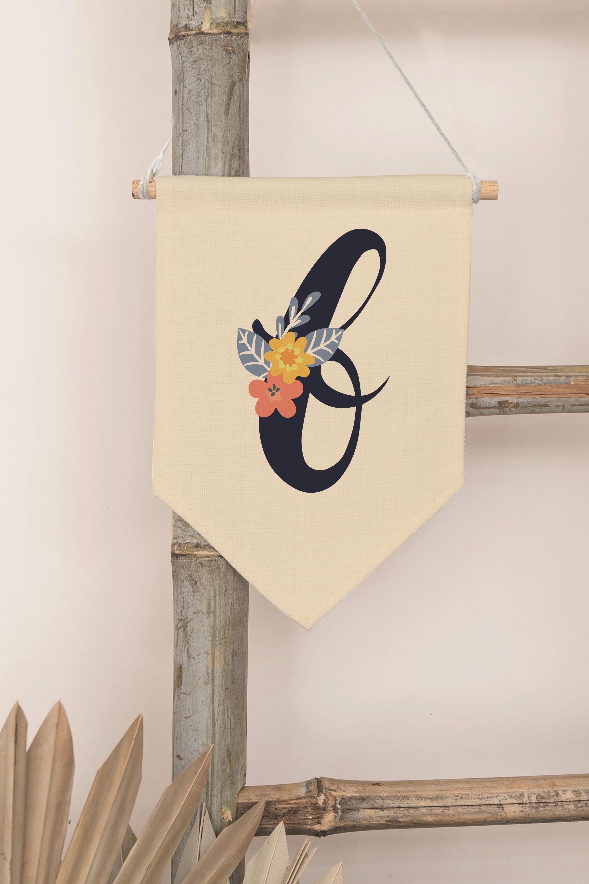 Çocuk Odası Dekor, Duvar Süsü, Ahşap Bebek Odası Dekor, Canvas Flama, Lacivert Çiçekli B Harfi