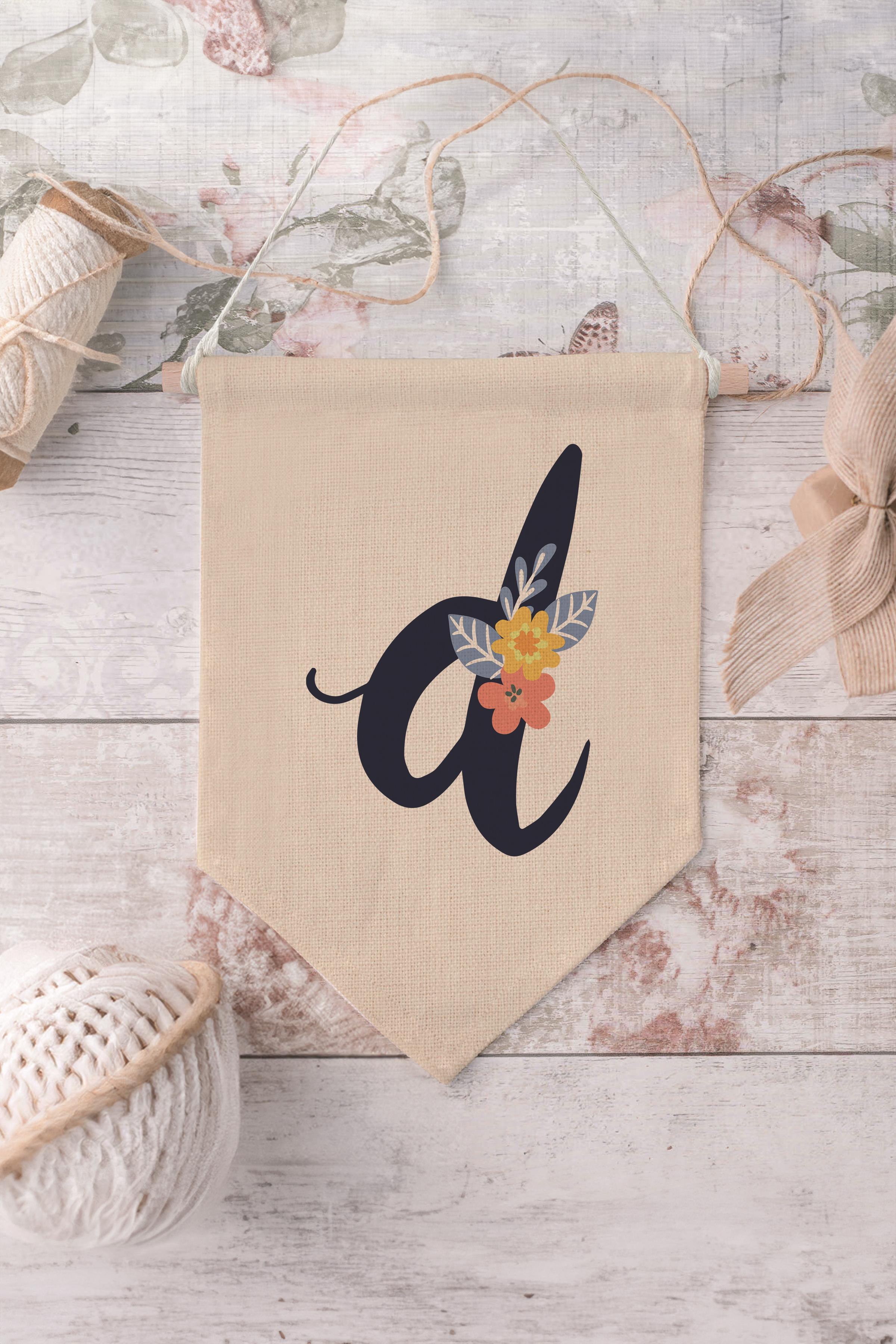 Çocuk Odası Dekor, Duvar Süsü, Ahşap Bebek Odası Dekor, Canvas Flama, Lacivert Çiçekli D Harfi