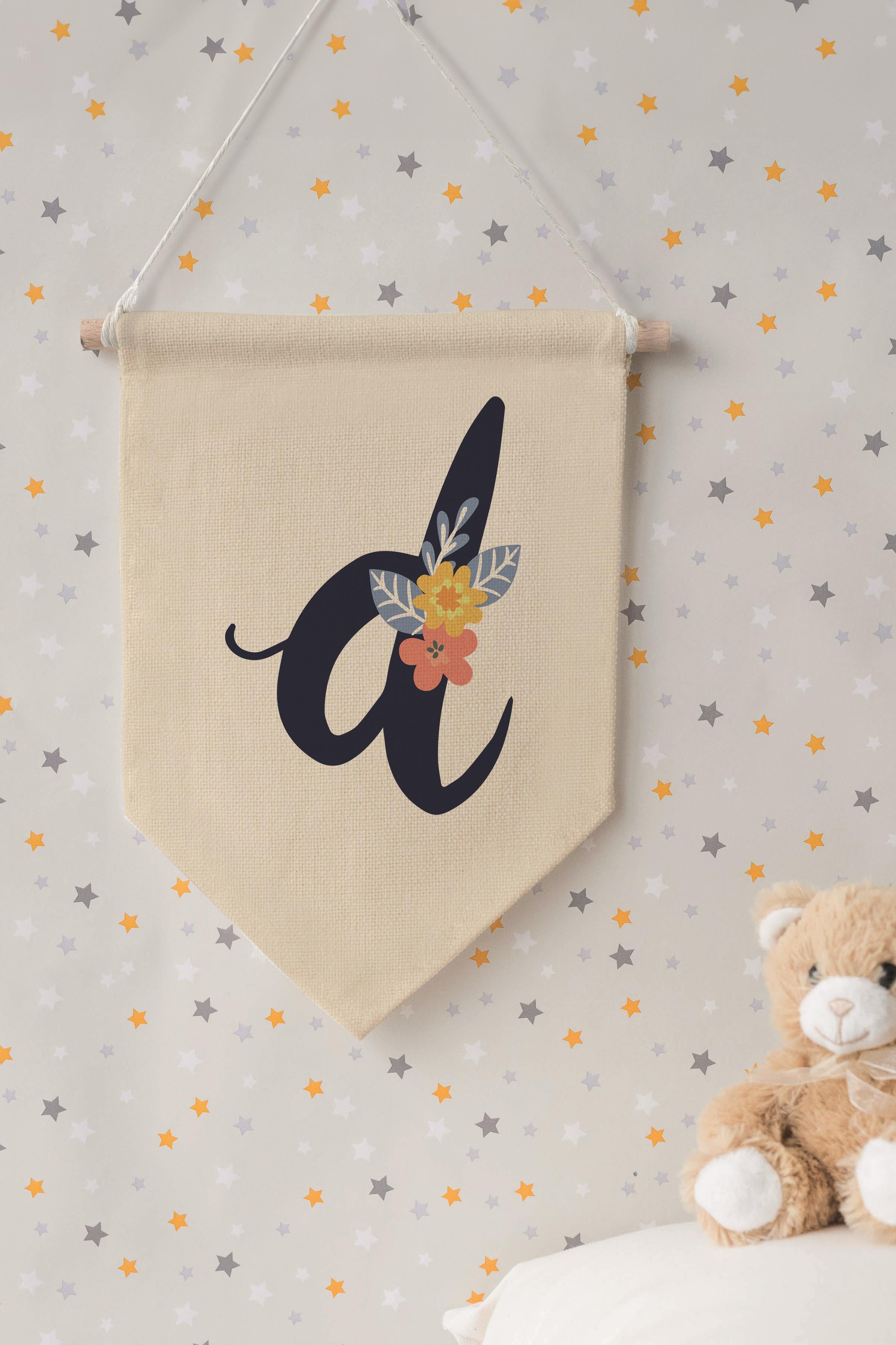 Çocuk Odası Dekor, Duvar Süsü, Ahşap Bebek Odası Dekor, Canvas Flama, Lacivert Çiçekli D Harfi