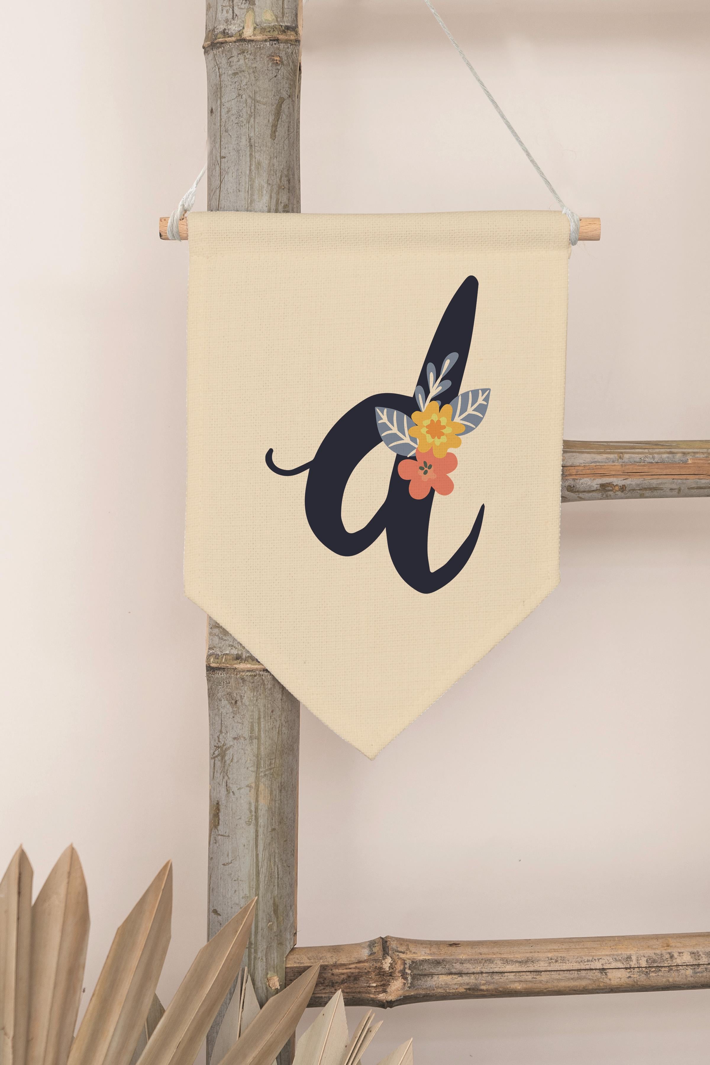Çocuk Odası Dekor, Duvar Süsü, Ahşap Bebek Odası Dekor, Canvas Flama, Lacivert Çiçekli D Harfi