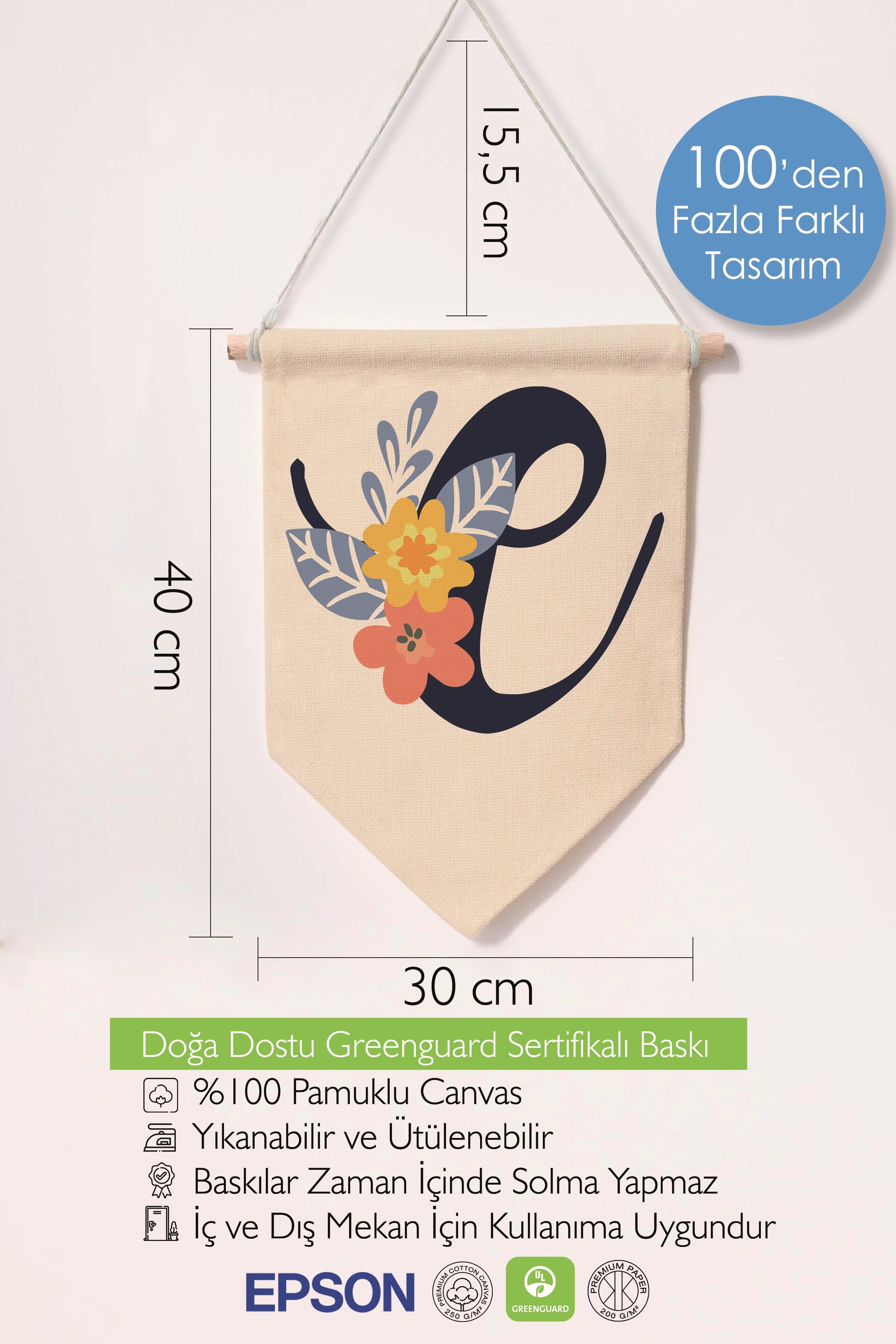 Çocuk Odası Dekor, Duvar Süsü, Ahşap Bebek Odası Dekor, Canvas Flama, Lacivert Çiçekli E Harfi