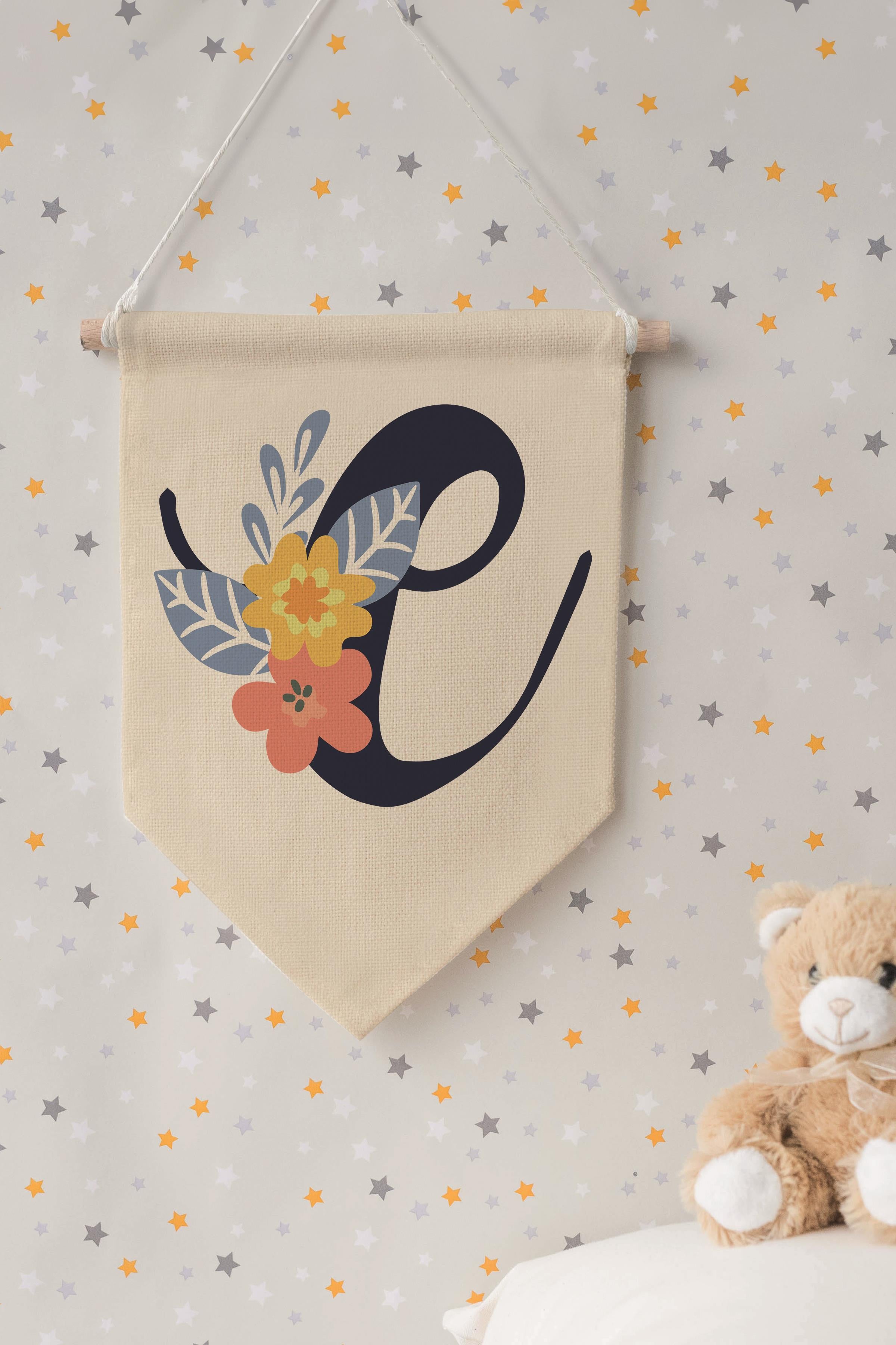 Çocuk Odası Dekor, Duvar Süsü, Ahşap Bebek Odası Dekor, Canvas Flama, Lacivert Çiçekli E Harfi