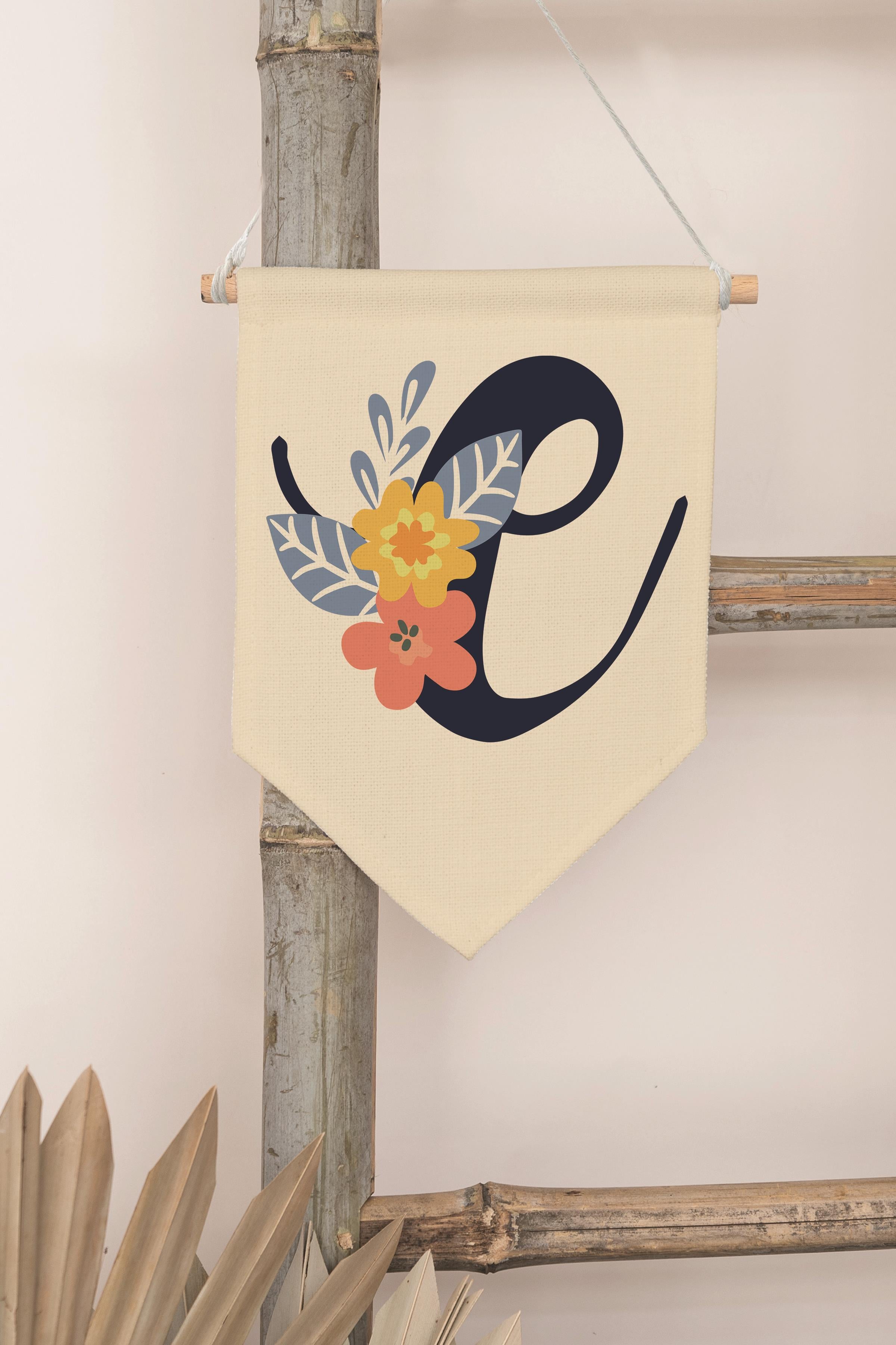 Çocuk Odası Dekor, Duvar Süsü, Ahşap Bebek Odası Dekor, Canvas Flama, Lacivert Çiçekli E Harfi