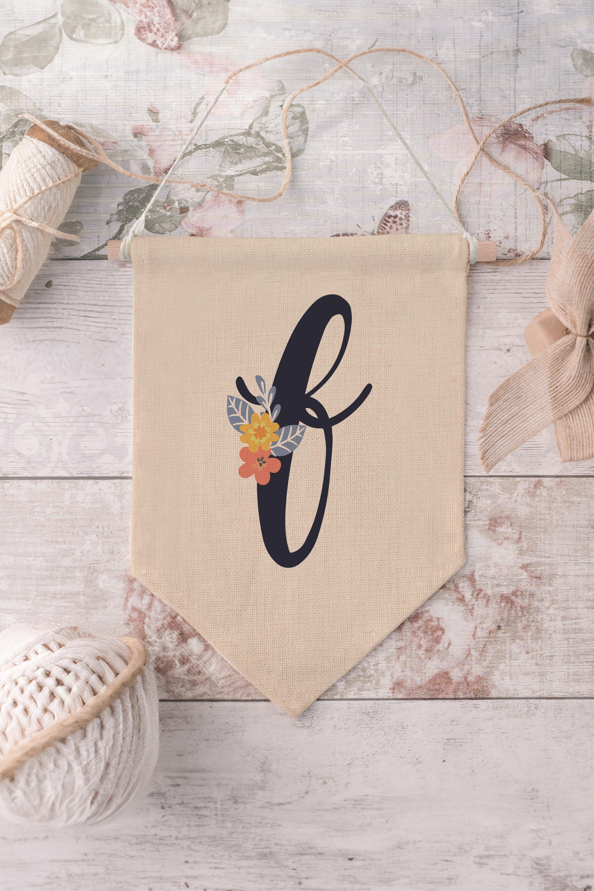 Çocuk Odası Dekor, Duvar Süsü, Ahşap Bebek Odası Dekor, Canvas Flama, Lacivert Çiçekli F Harfi