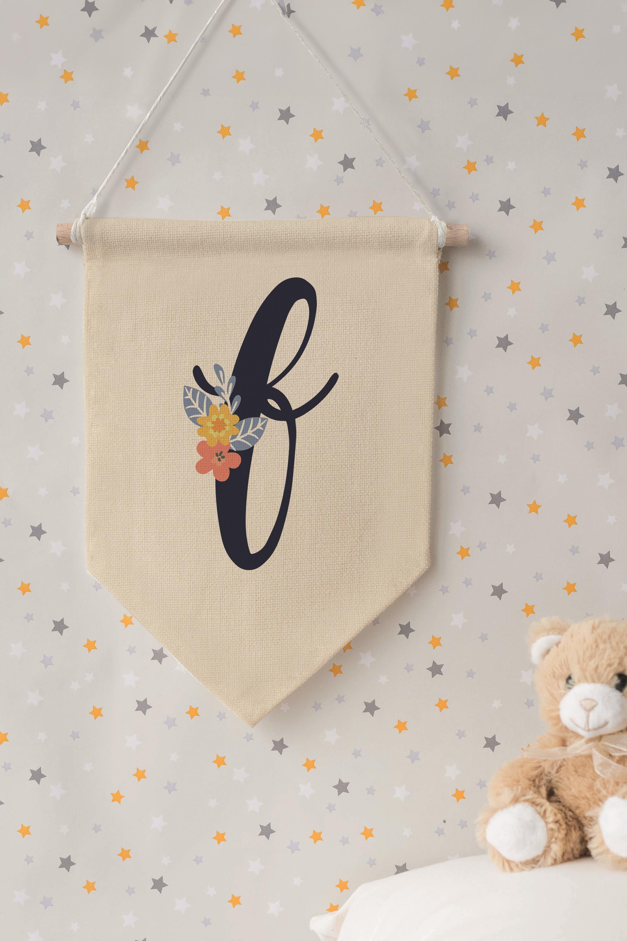 Çocuk Odası Dekor, Duvar Süsü, Ahşap Bebek Odası Dekor, Canvas Flama, Lacivert Çiçekli F Harfi