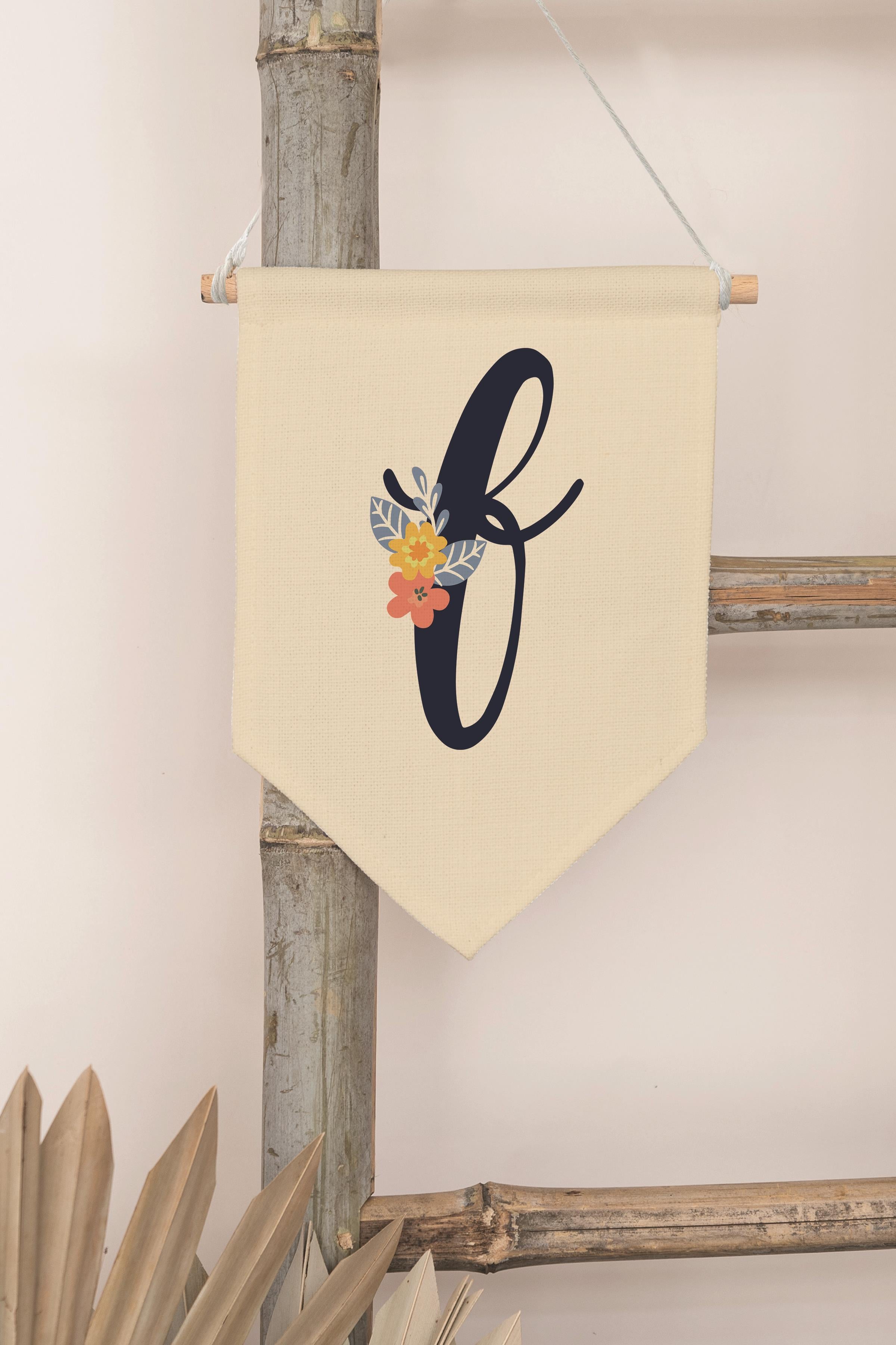 Çocuk Odası Dekor, Duvar Süsü, Ahşap Bebek Odası Dekor, Canvas Flama, Lacivert Çiçekli F Harfi