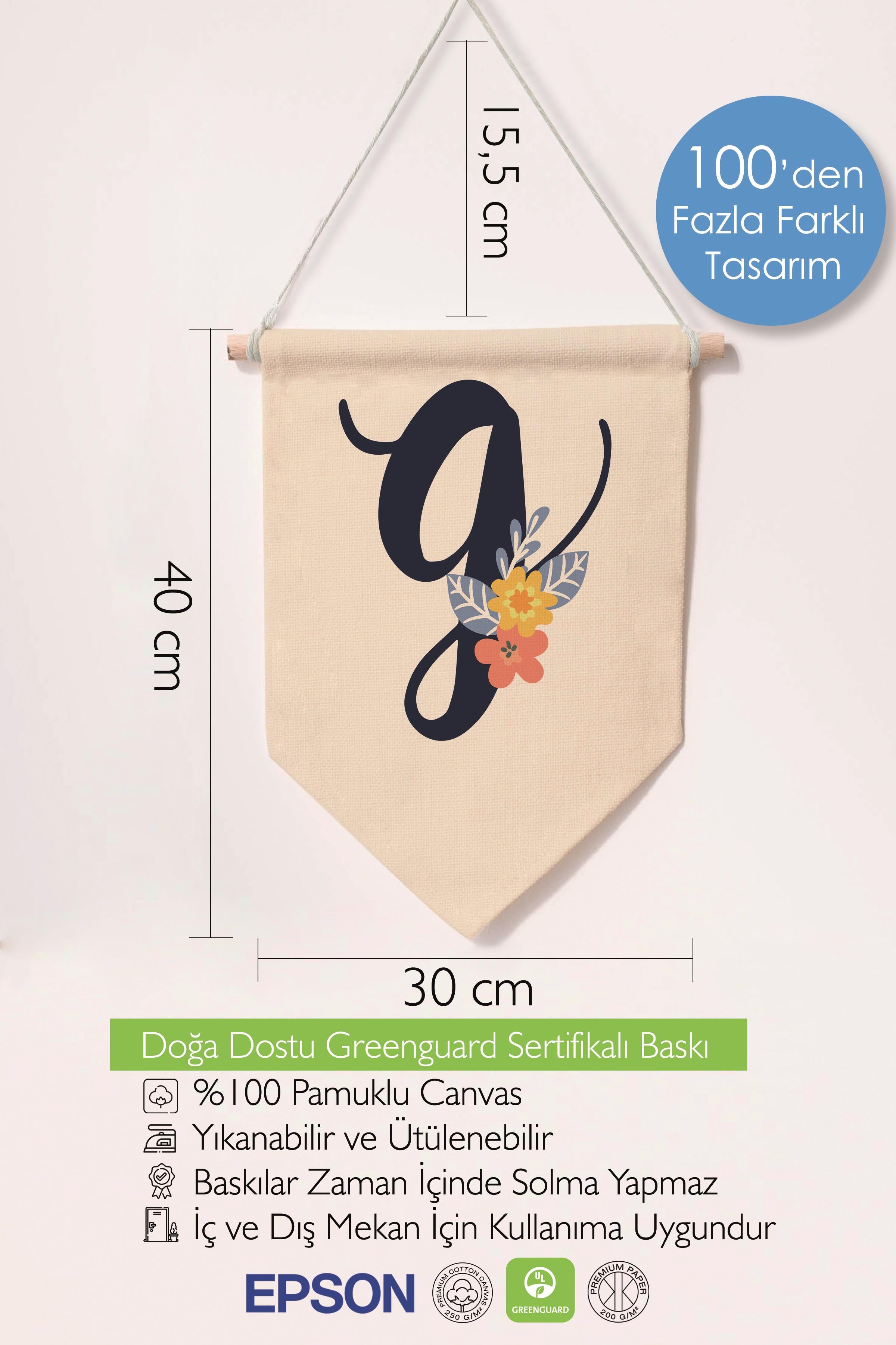 Çocuk Odası Dekor, Duvar Süsü, Ahşap Bebek Odası Dekor, Canvas Flama, Lacivert Çiçekli G Harfi