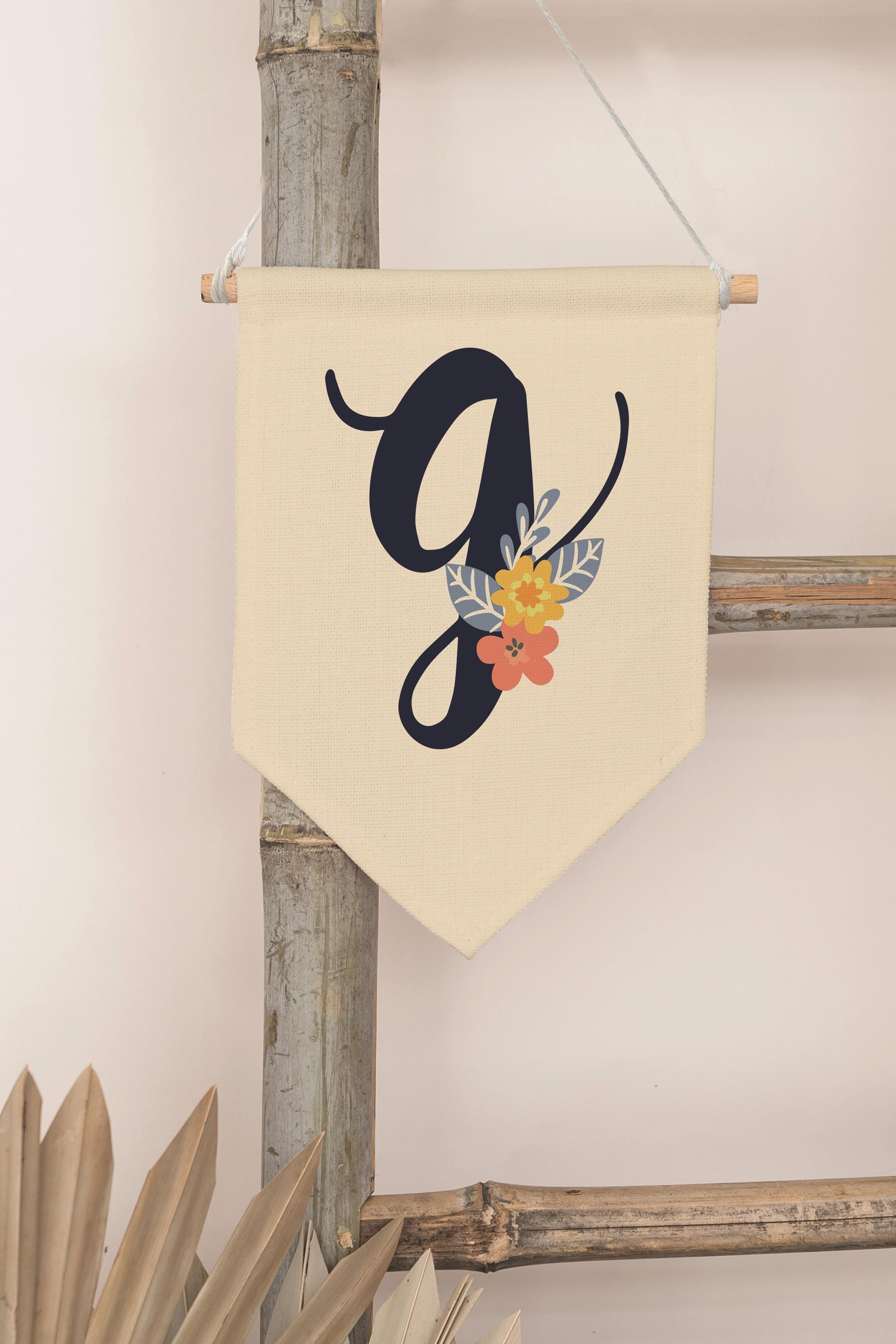 Çocuk Odası Dekor, Duvar Süsü, Ahşap Bebek Odası Dekor, Canvas Flama, Lacivert Çiçekli G Harfi