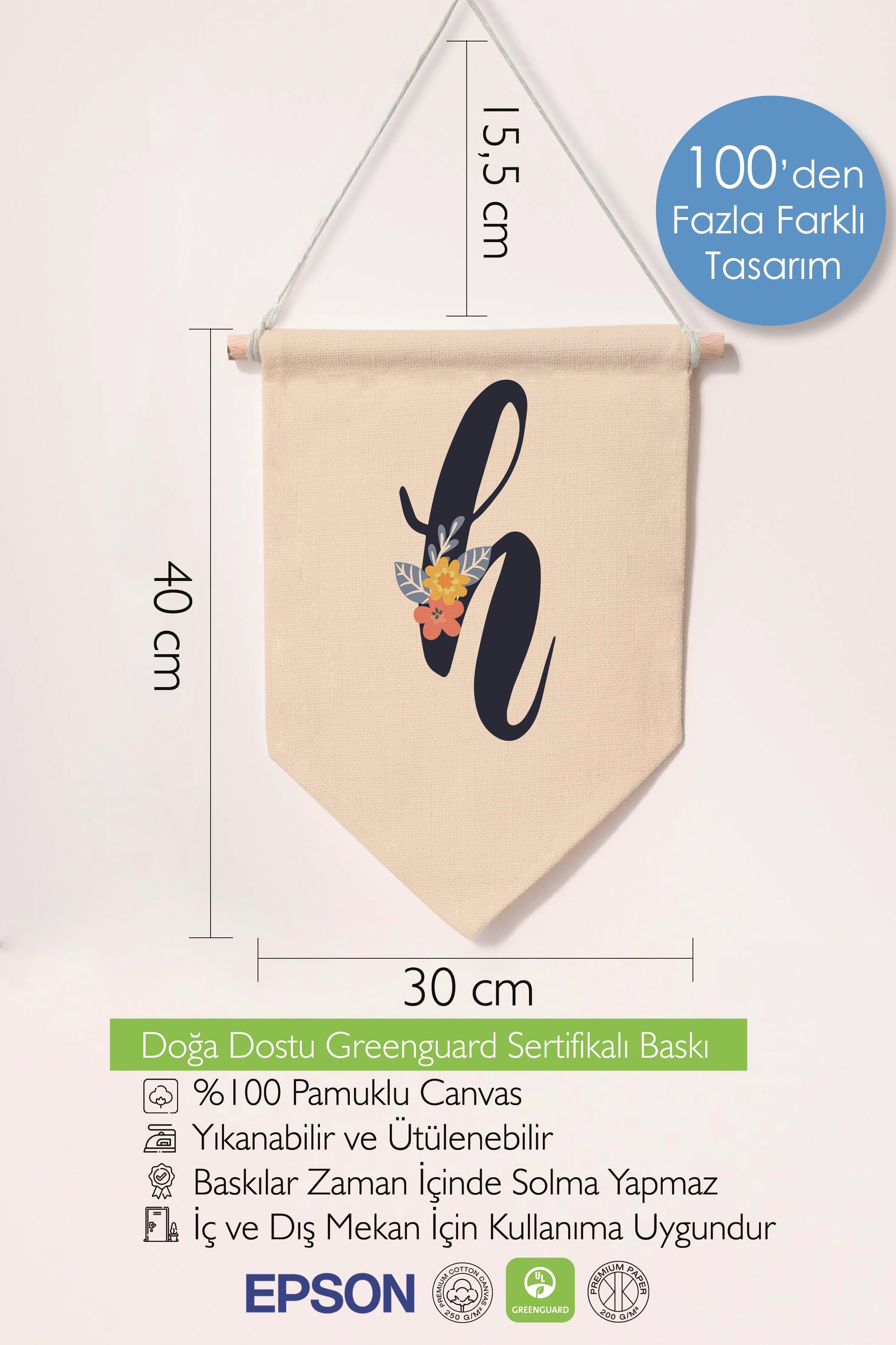 Çocuk Odası Dekor, Duvar Süsü, Ahşap Bebek Odası Dekor, Canvas Flama, Lacivert Çiçekli H Harfi
