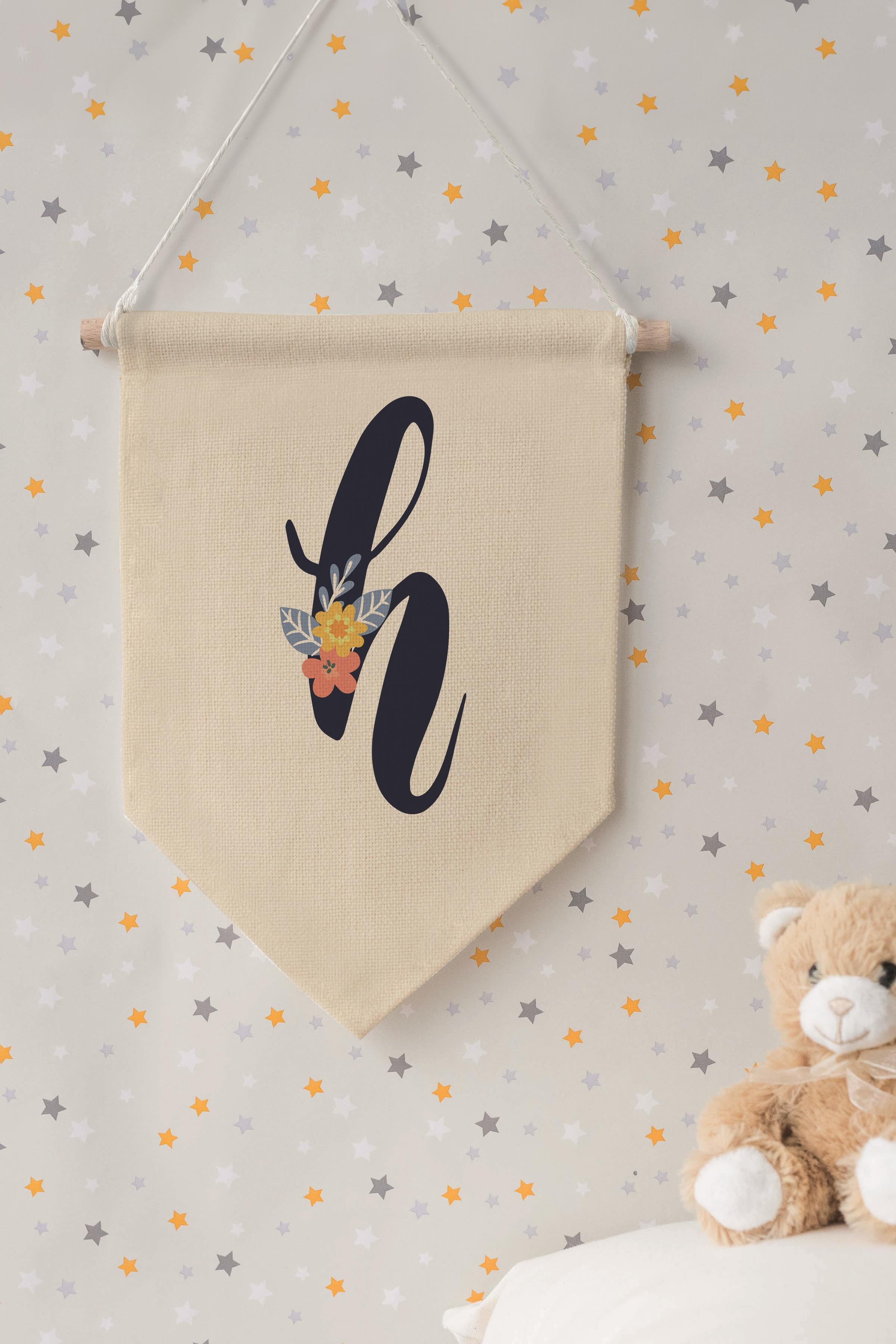 Çocuk Odası Dekor, Duvar Süsü, Ahşap Bebek Odası Dekor, Canvas Flama, Lacivert Çiçekli H Harfi
