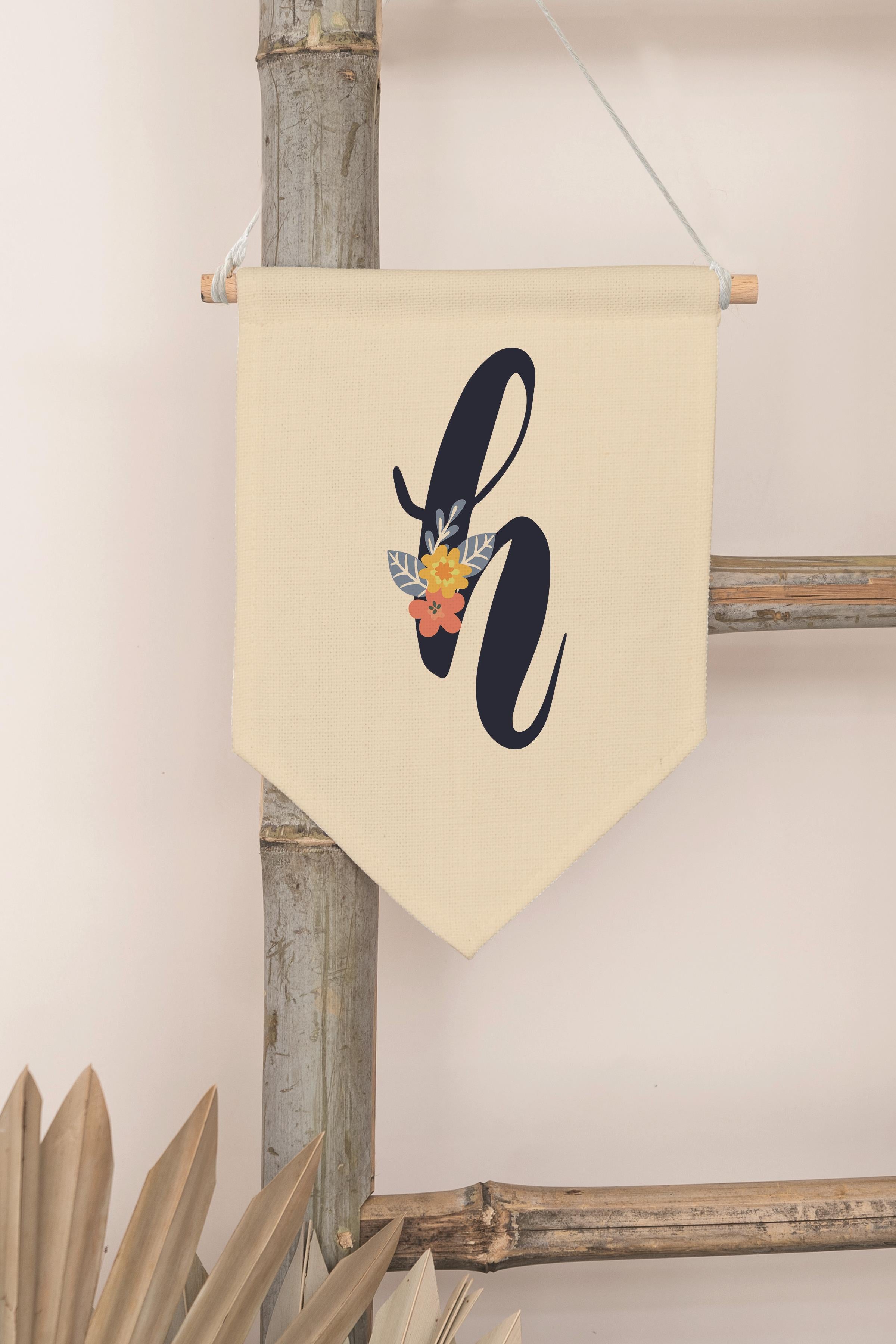 Çocuk Odası Dekor, Duvar Süsü, Ahşap Bebek Odası Dekor, Canvas Flama, Lacivert Çiçekli H Harfi
