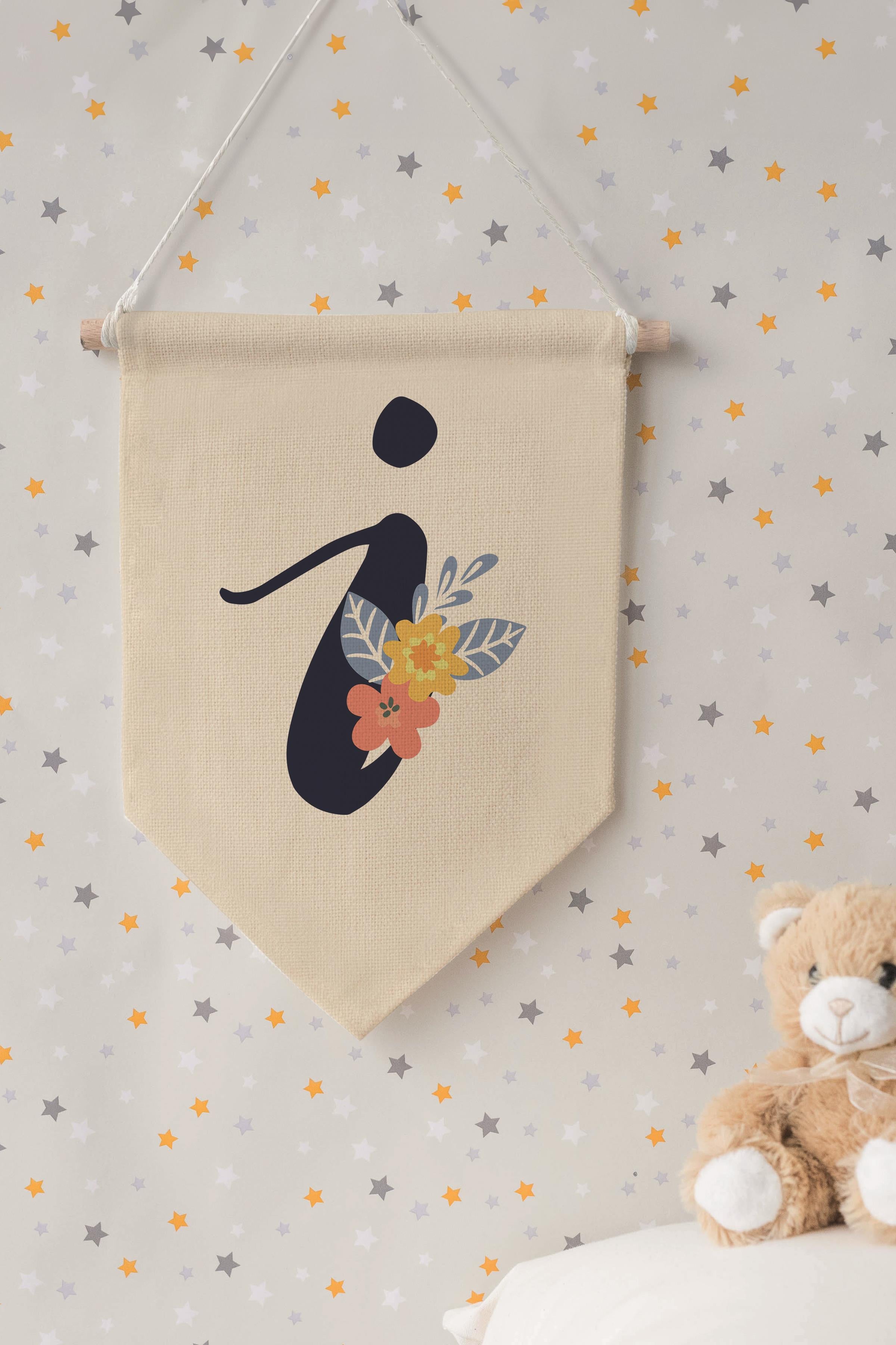 Çocuk Odası Dekor, Duvar Süsü, Ahşap Bebek Odası Dekor, Canvas Flama, Lacivert Çiçekli I Harfi