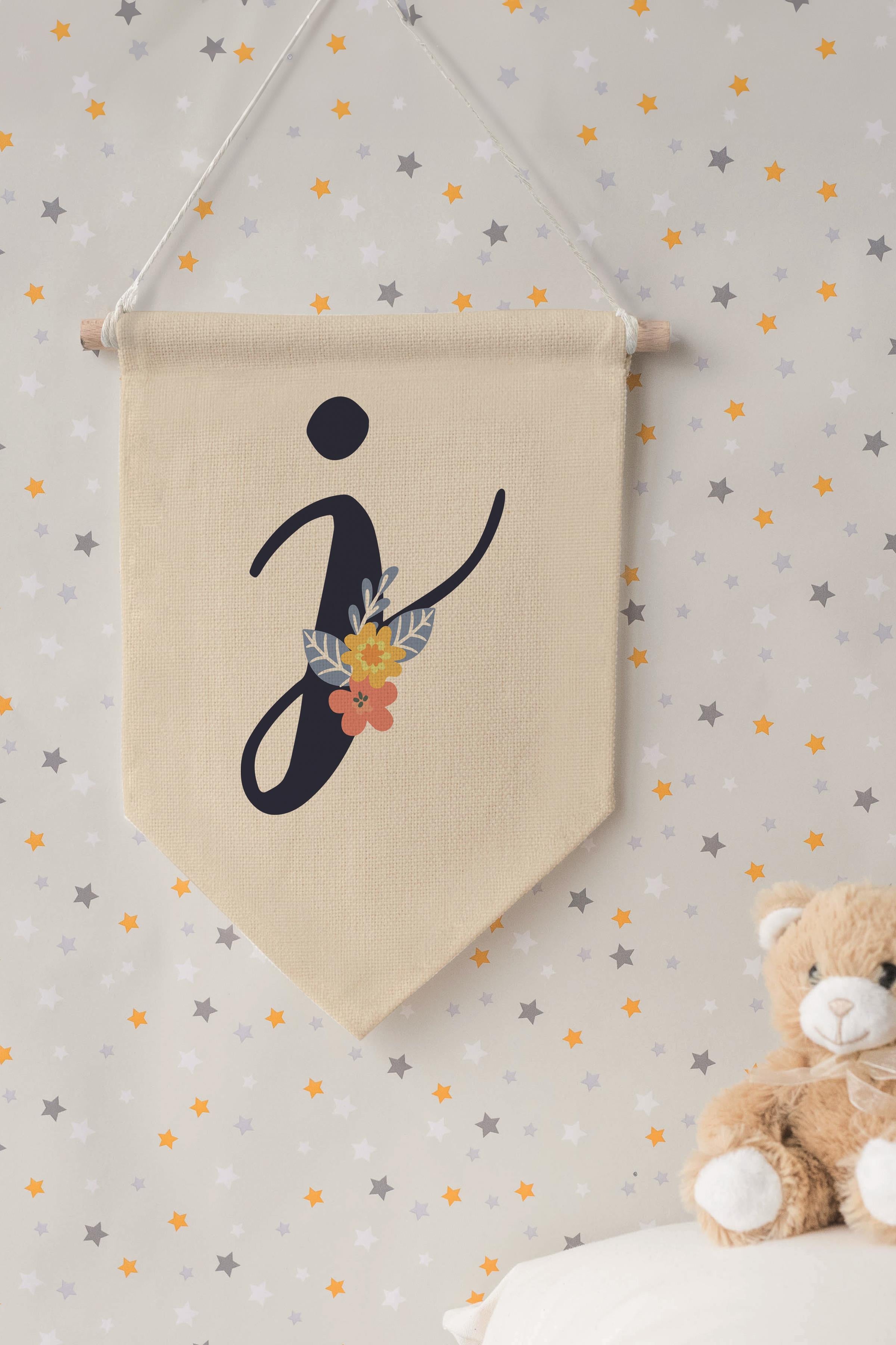 Çocuk Odası Dekor, Duvar Süsü, Ahşap Bebek Odası Dekor, Canvas Flama, Lacivert Çiçekli J Harfi